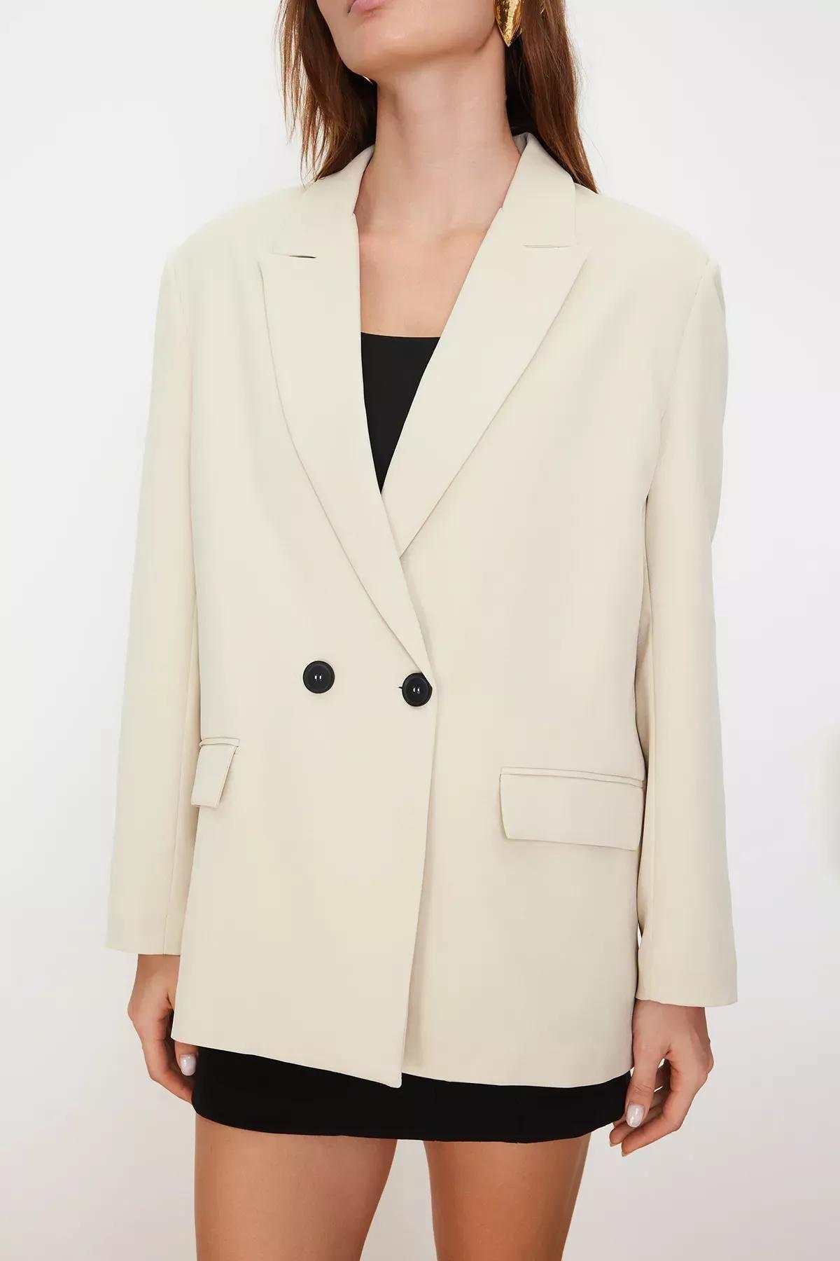 Beige Oversize Double-Breasted Blazer Jacket, , large image number 3