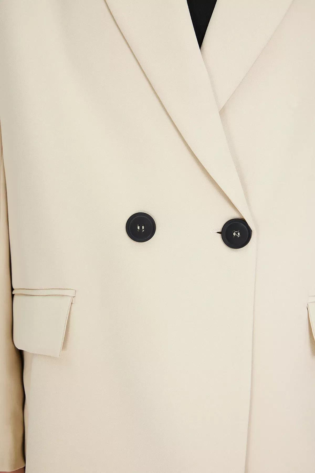 Beige Oversize Double-Breasted Blazer Jacket, , large image number 4