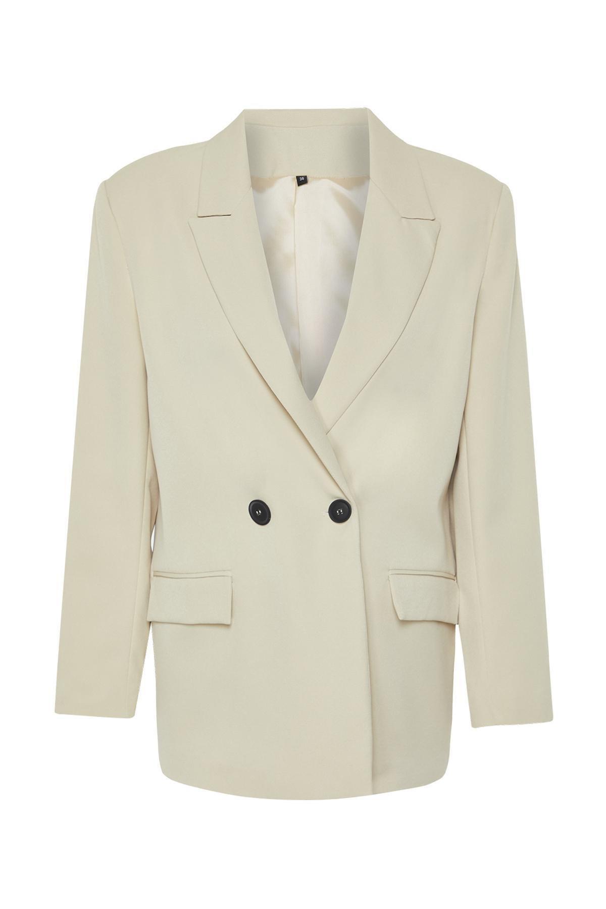 Beige Oversize Double-Breasted Blazer Jacket, , large image number 5