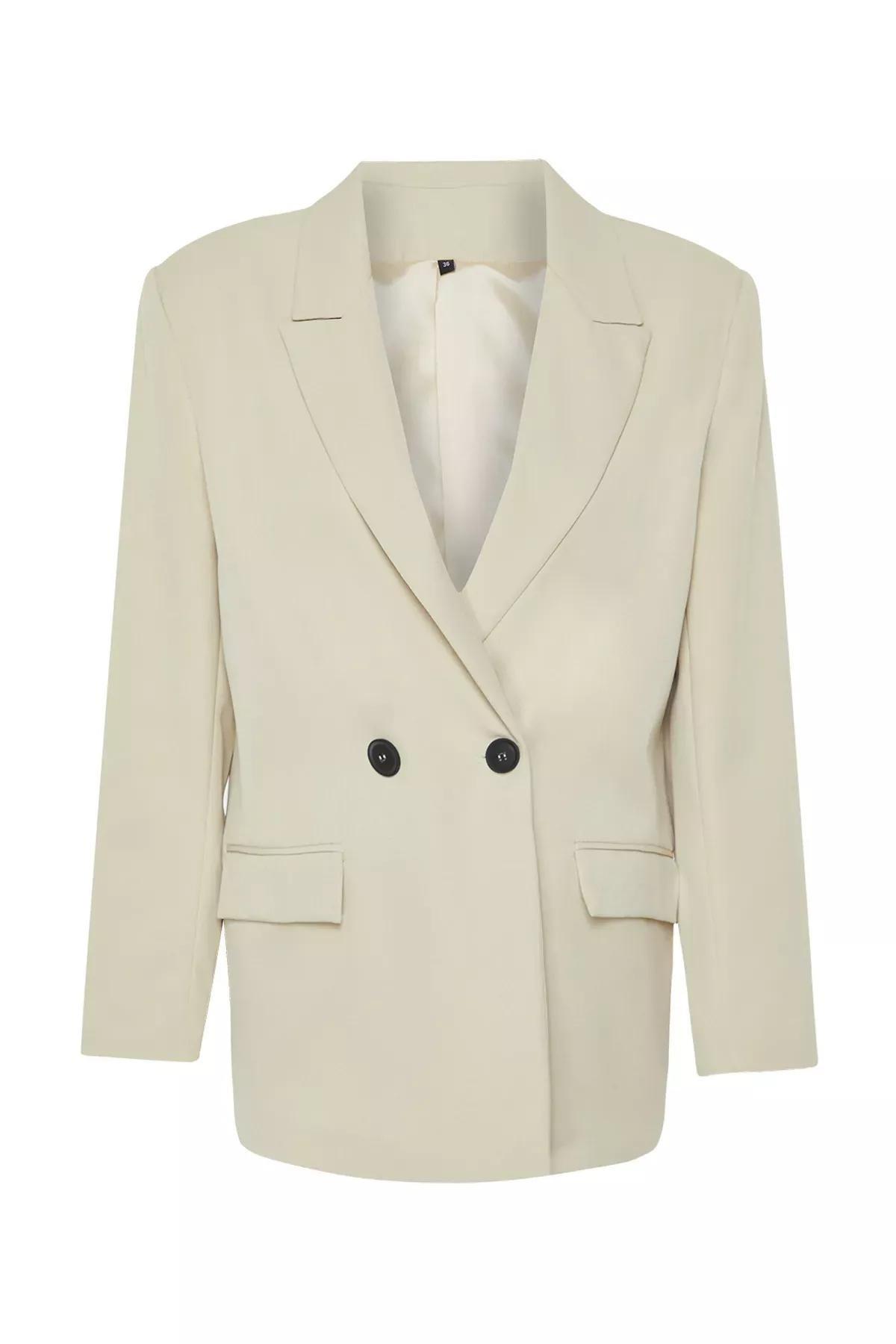 Beige Oversize Double-Breasted Blazer Jacket, , large image number 5