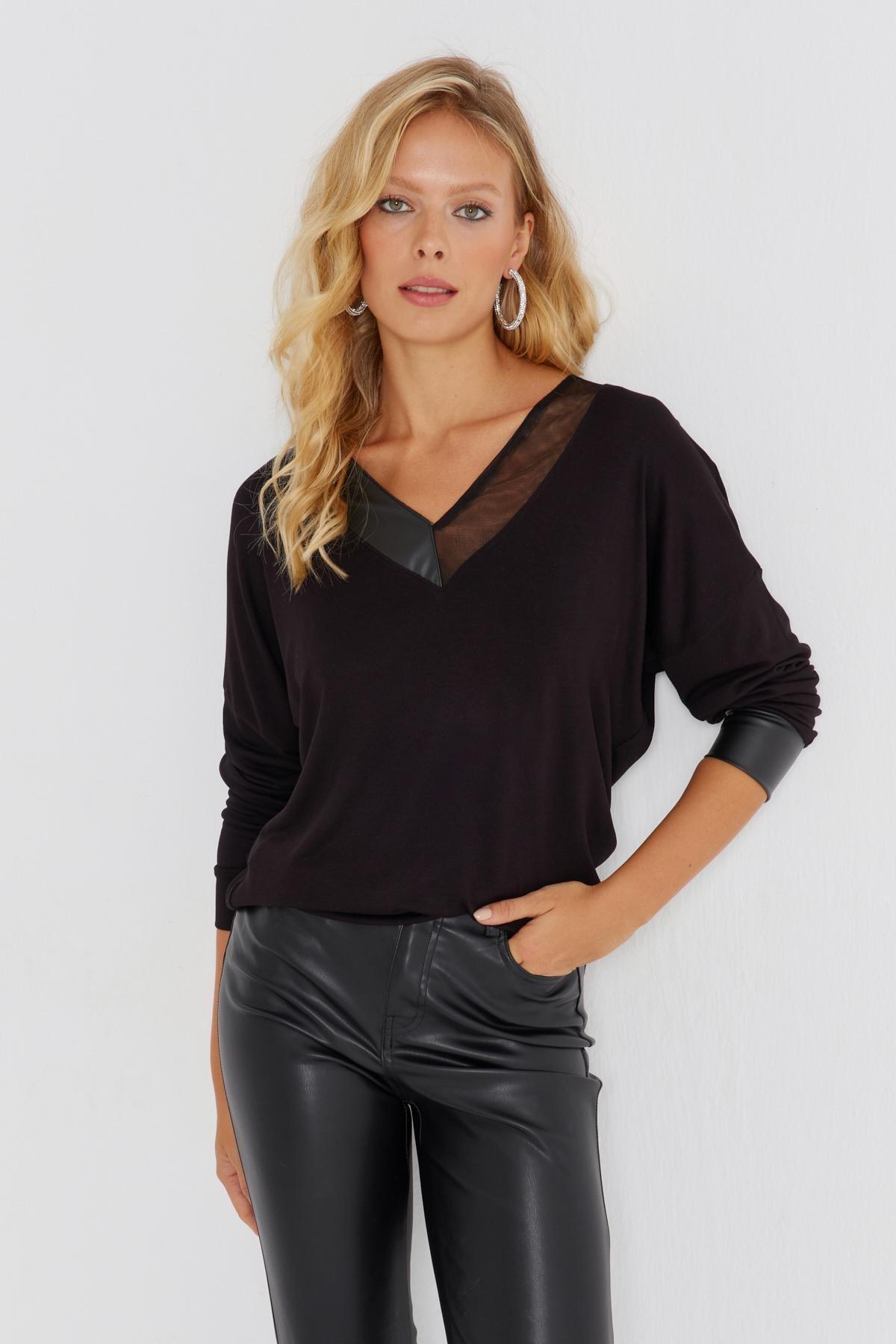 Black Faux Leather Detailed Loose Blouse, , large image number 0