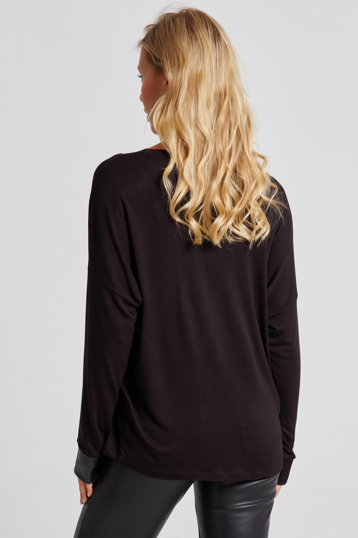 Black Faux Leather Detailed Loose Blouse, , large image number 1