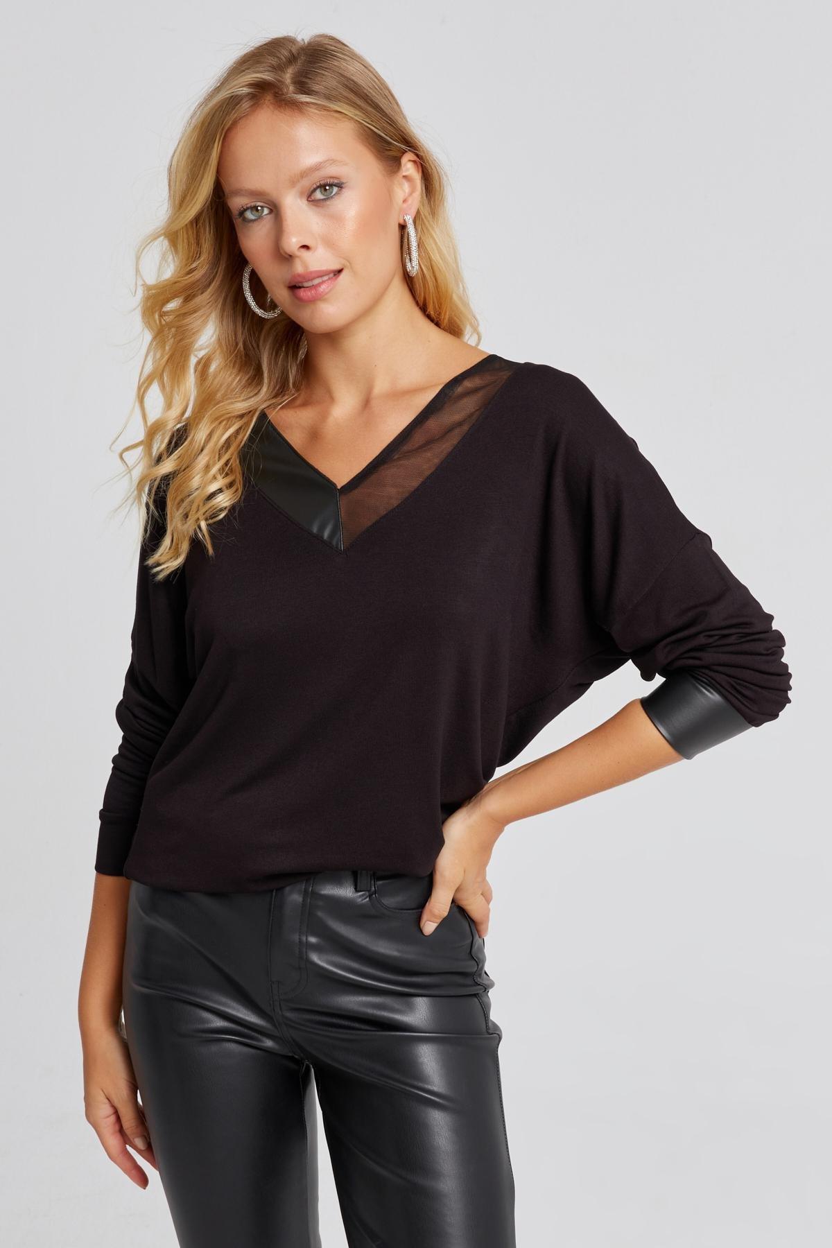 Black Faux Leather Detailed Loose Blouse, , large image number 2