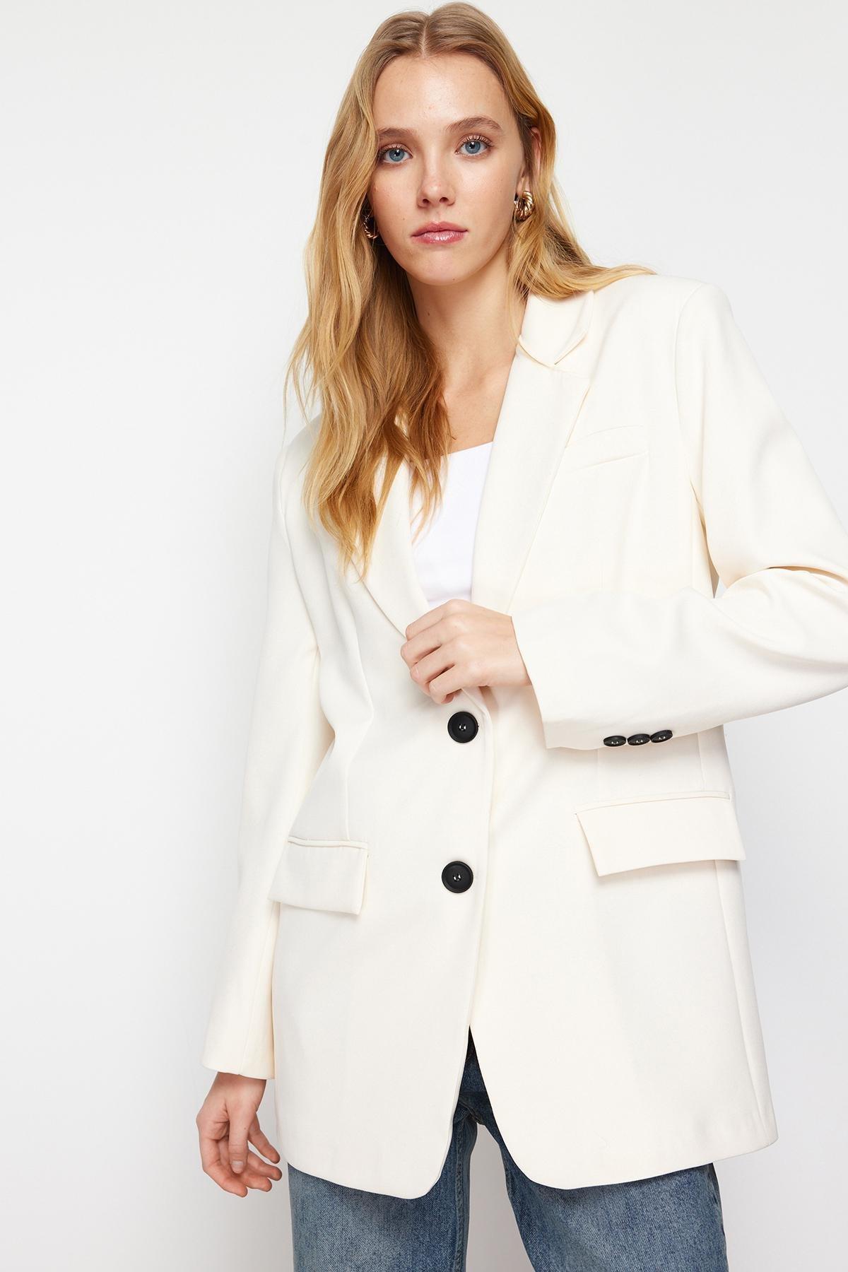 Ecru Oversize Basic Woven Blazer Jacket, , medium