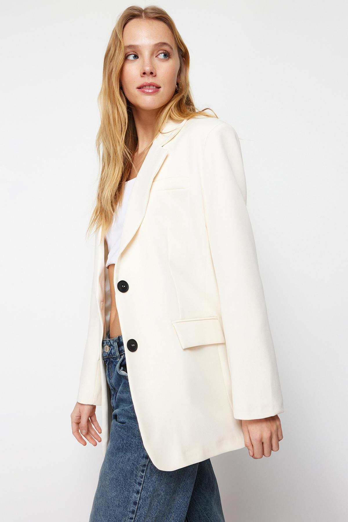 Ecru Oversize Basic Woven Blazer Jacket, , large image number 2