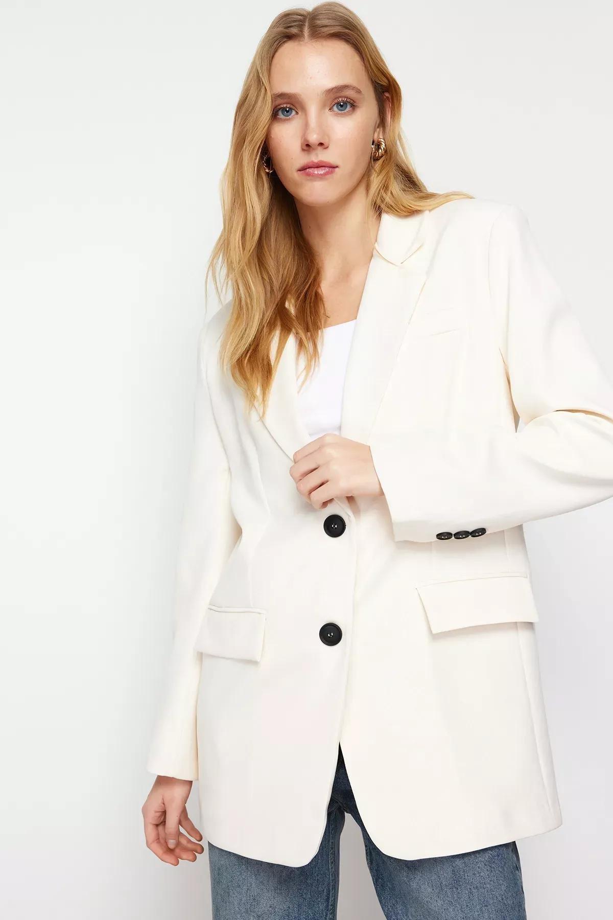 Ecru Oversize Basic Woven Blazer Jacket, Ecru, large image number 2