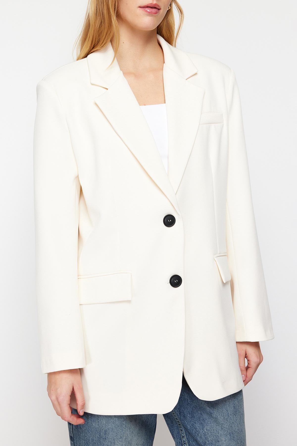 Ecru Oversize Basic Woven Blazer Jacket, , large image number 3