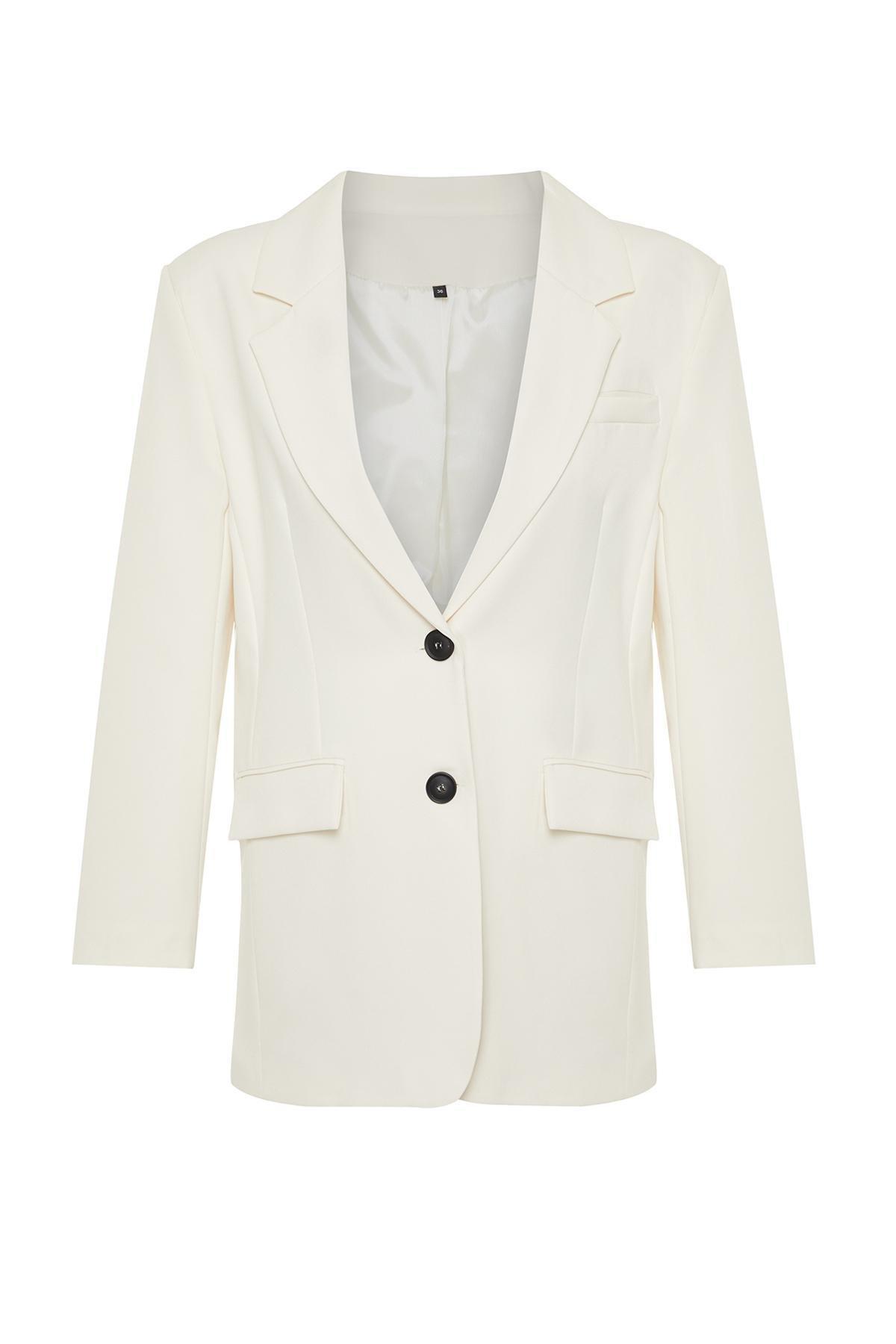 Ecru Oversize Basic Woven Blazer Jacket, , large image number 5