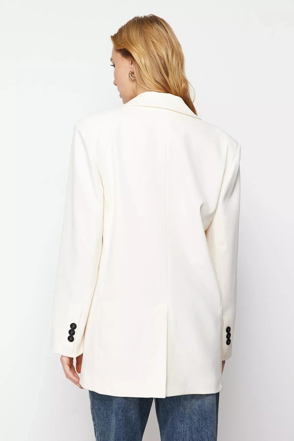 Ecru Oversize Basic Woven Blazer Jacket, Ecru, large image number 6