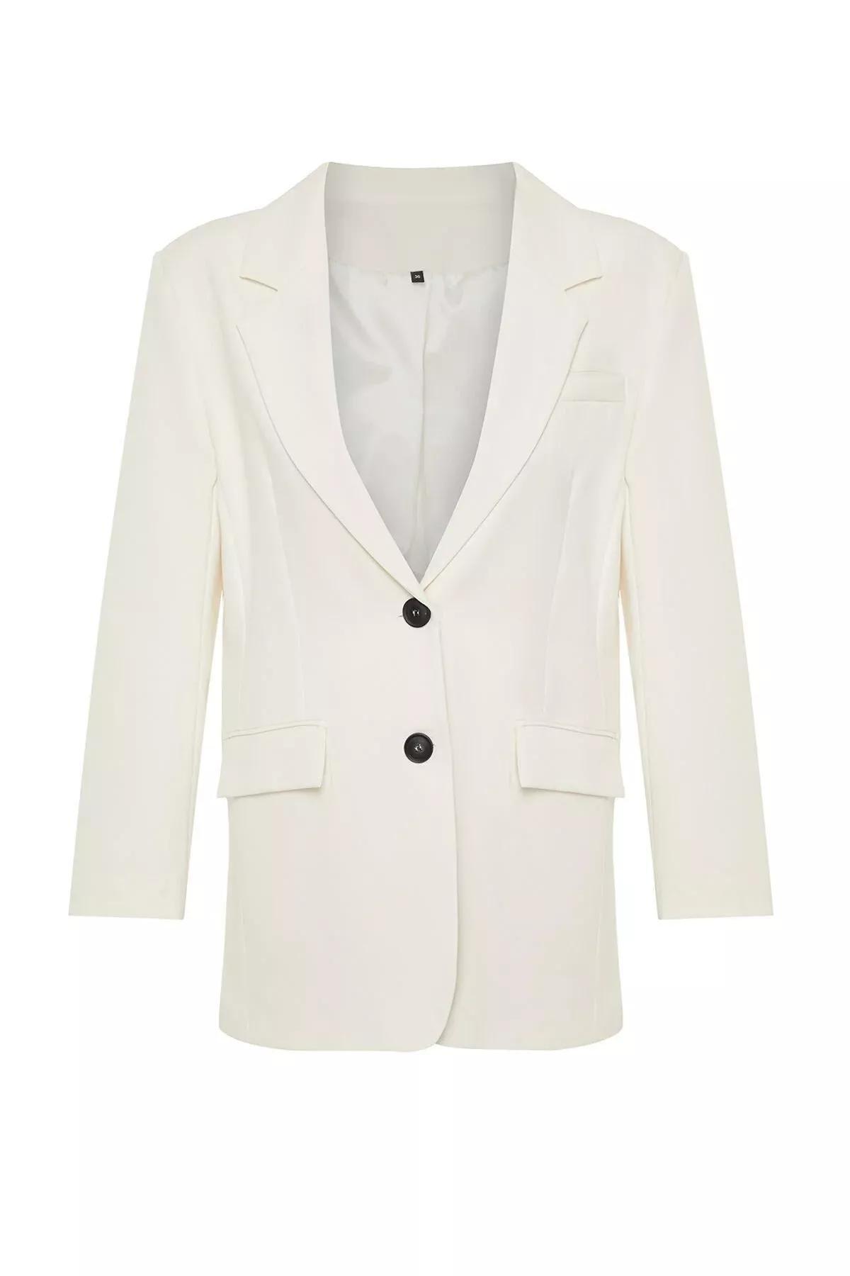 Ecru Oversize Basic Woven Blazer Jacket, , large image number 7
