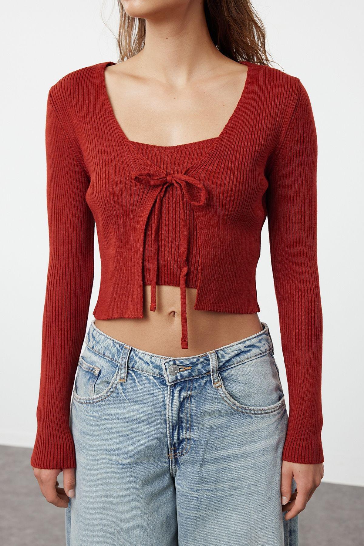 Beige Crop Tie Detailed Blouse, , large image number 2