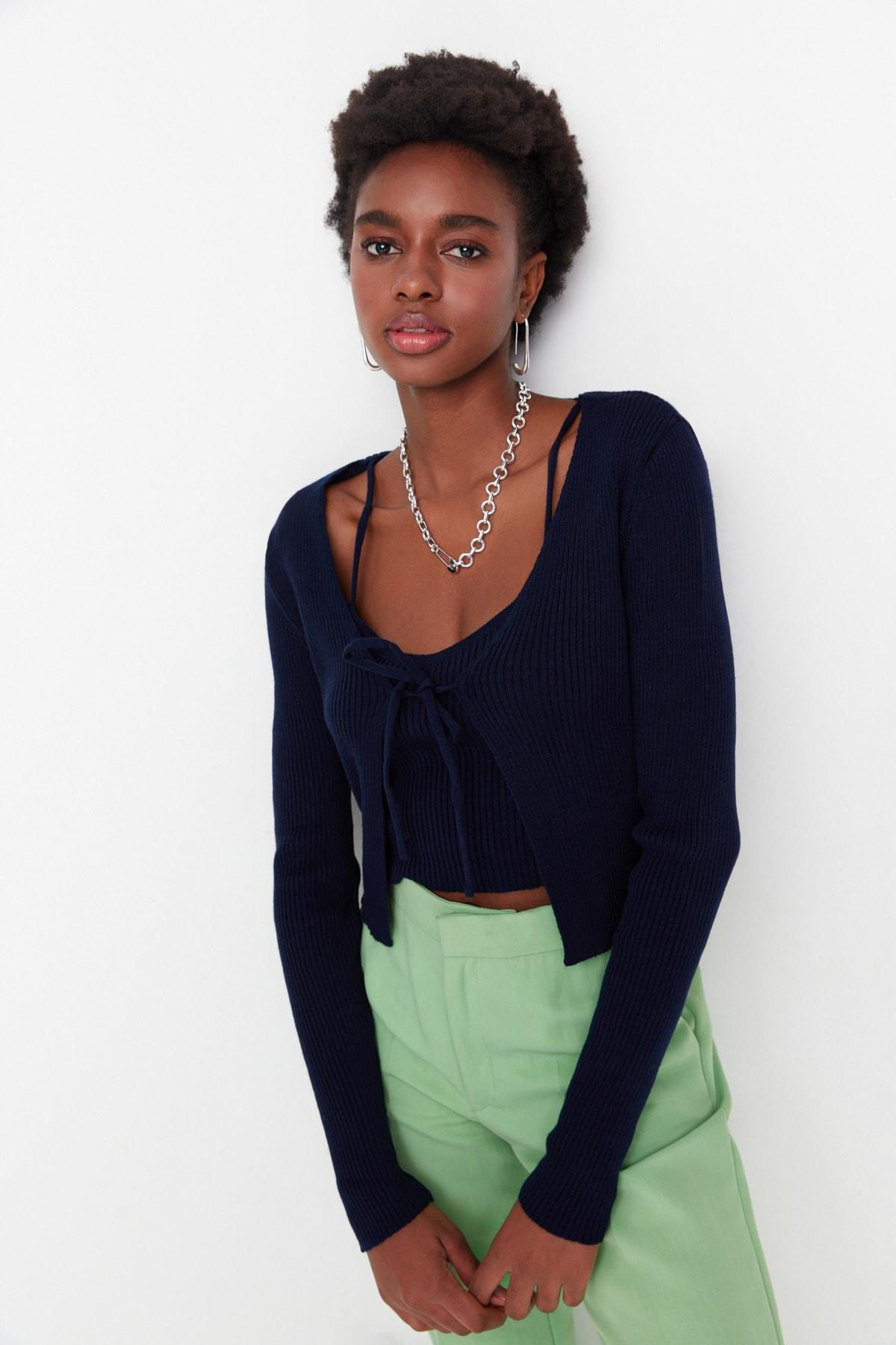 Navy Acrylic Fitted Cardigan, Set Of 2, , large image number 0