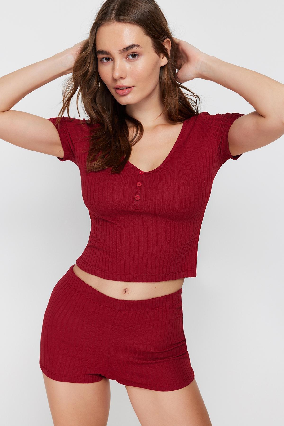 Red Detailed Ribbed Knitted Pajamas Set, , large image number 2