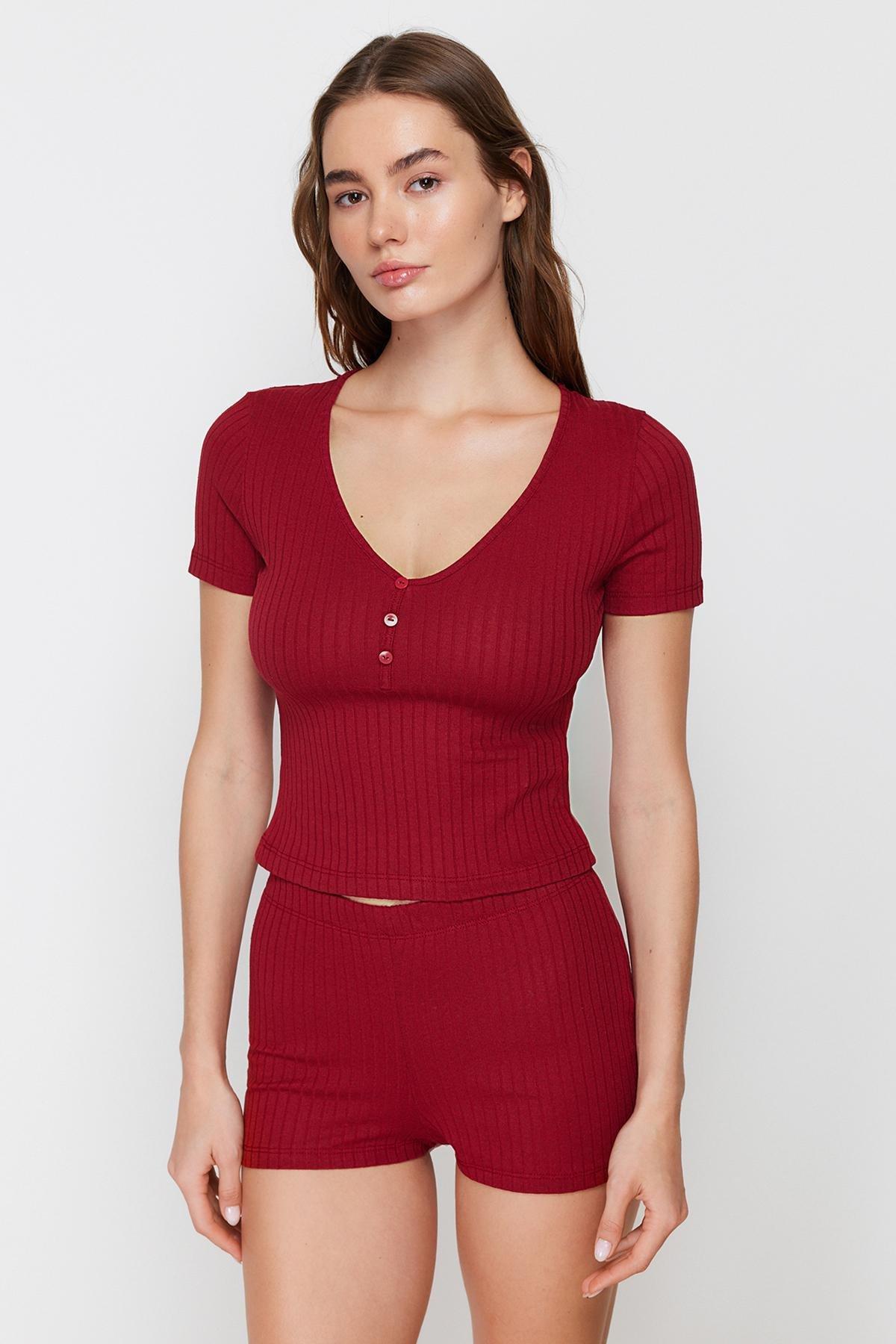 Red Detailed Ribbed Knitted Pajamas Set, , large image number 3