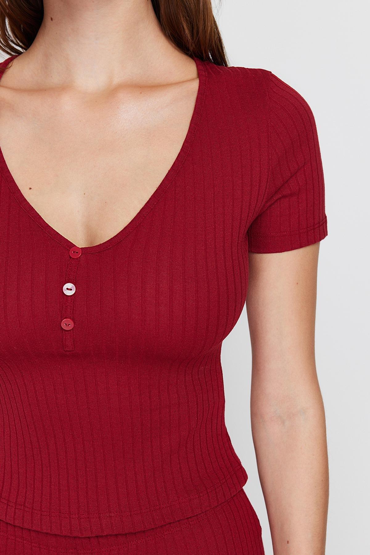 Red Detailed Ribbed Knitted Pajamas Set, , large image number 4