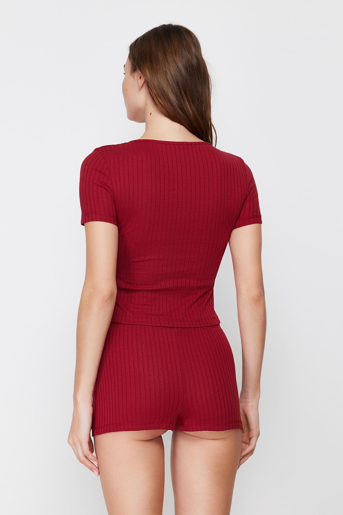 Red Detailed Ribbed Knitted Pajamas Set, , large image number 5