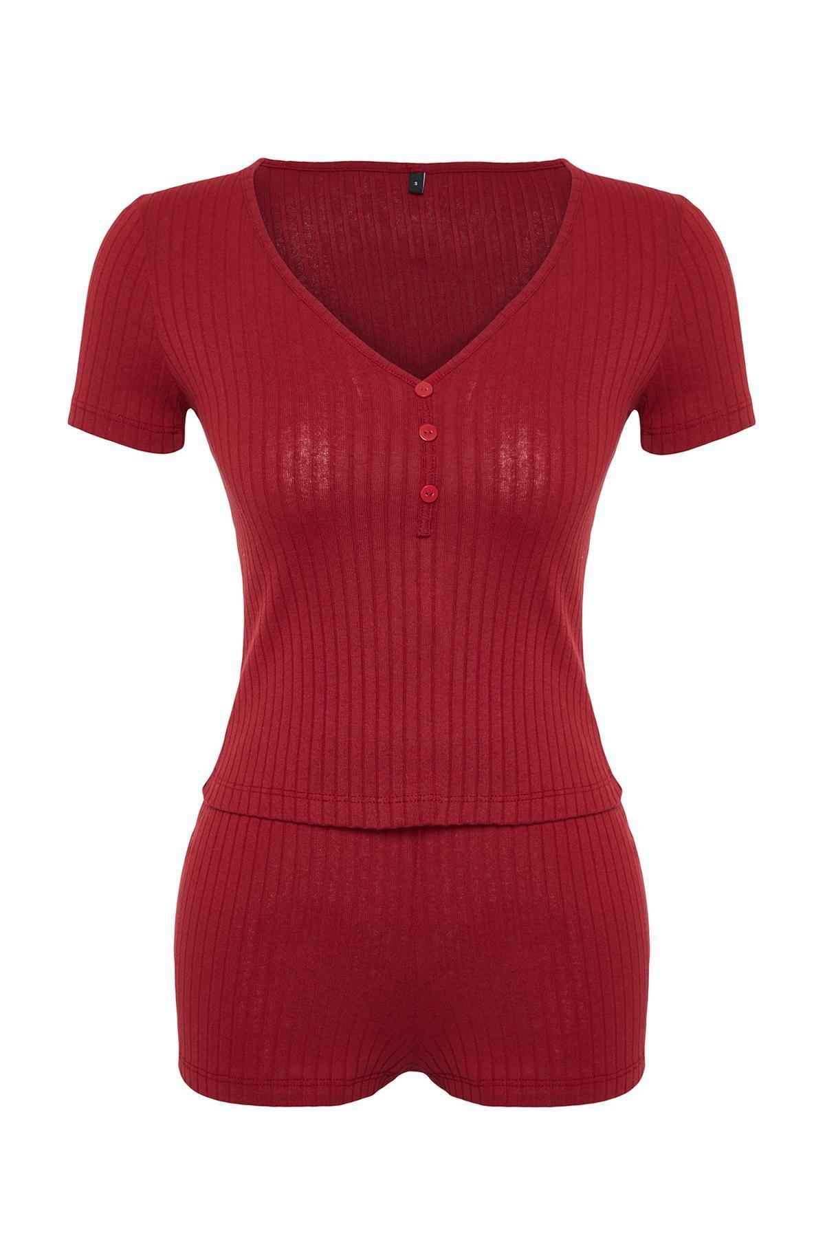 Red Detailed Ribbed Knitted Pajamas Set, , large image number 6