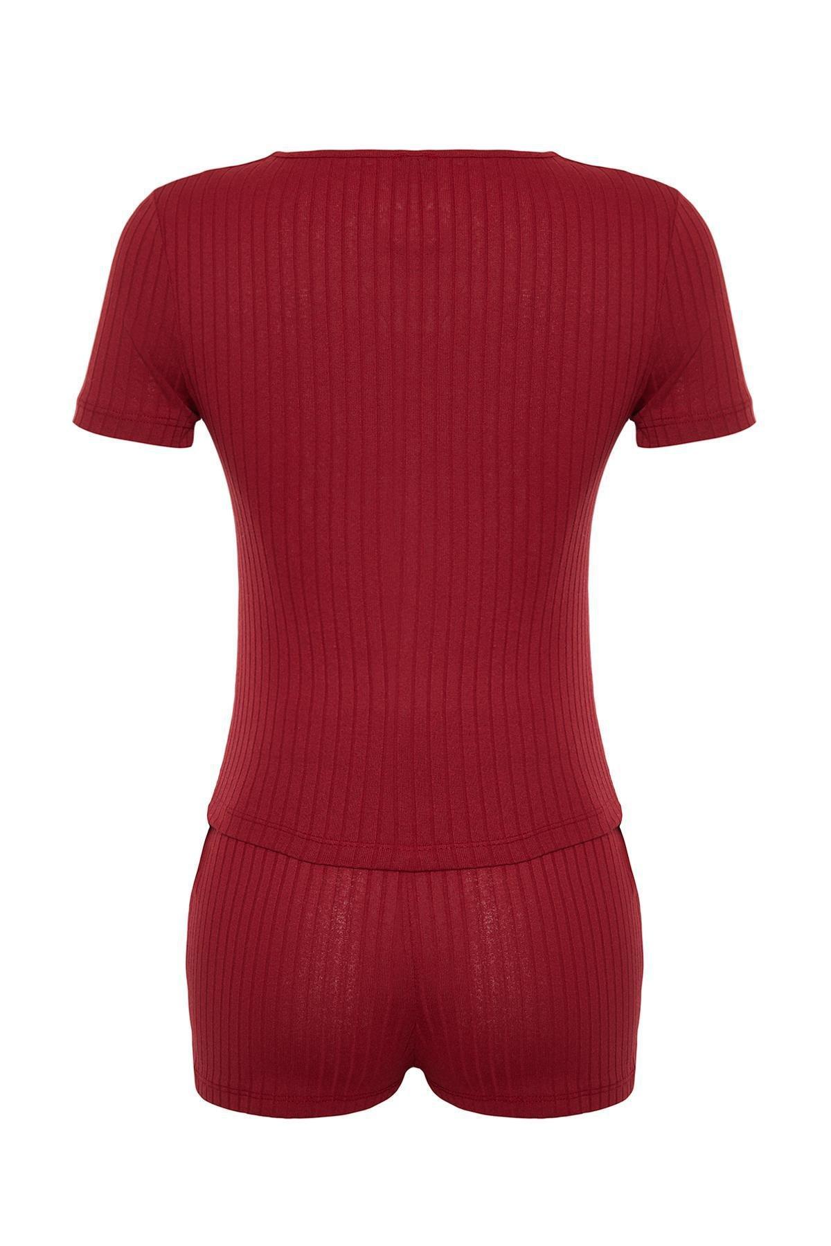 Red Detailed Ribbed Knitted Pajamas Set, , large image number 7