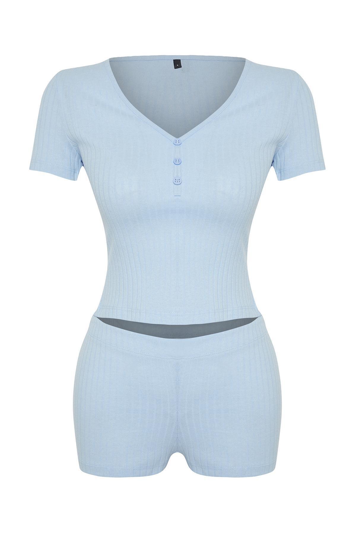 Light Blue Button Detailed Ribbed Knitted Pajamas Set THMSS24PT00097, 2 pcs, , large image number 5