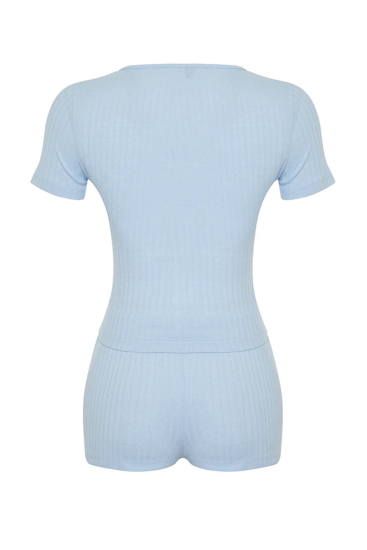 Light Blue Button Detailed Ribbed Knitted Pajamas Set THMSS24PT00097, 2 pcs, , large image number 6
