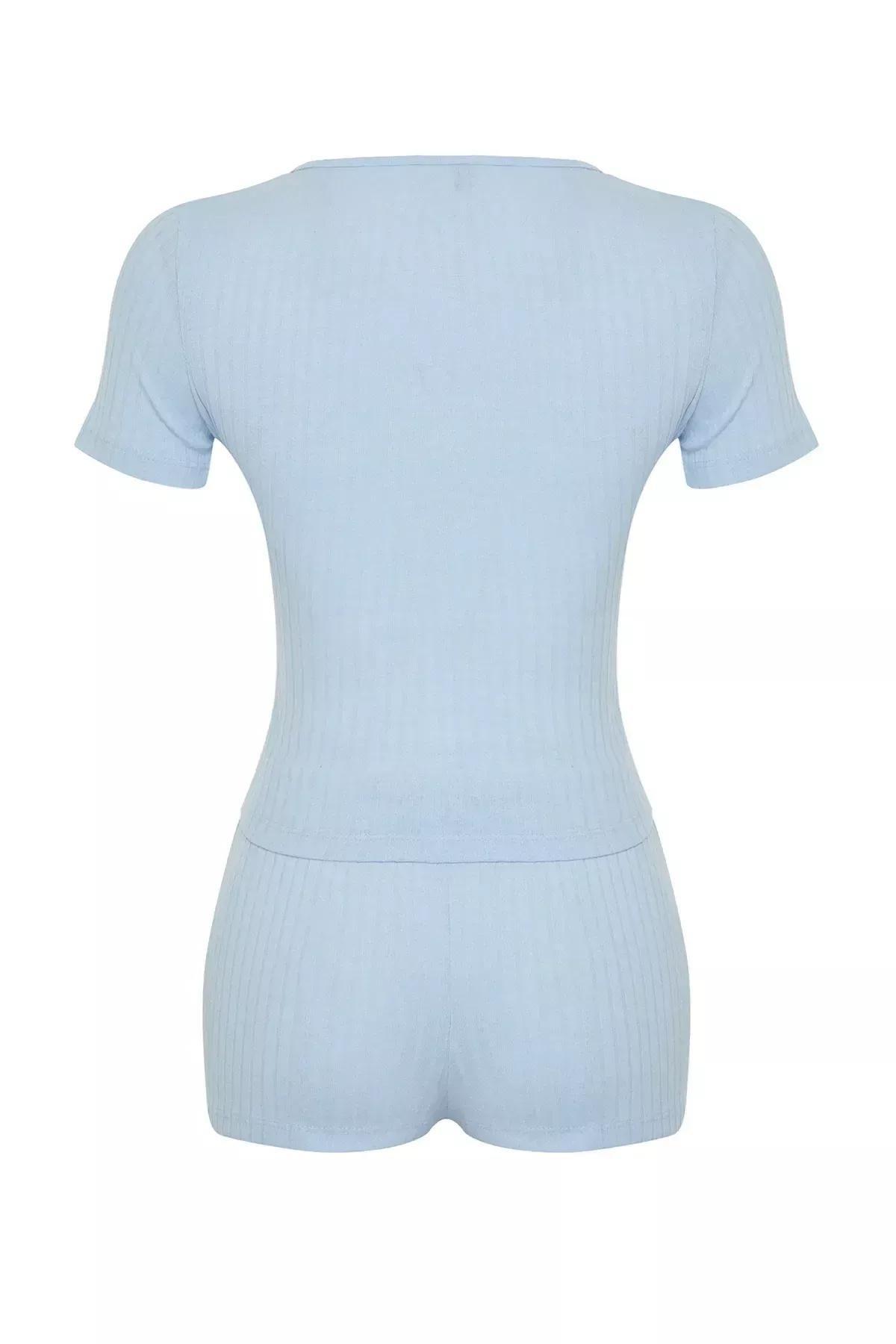 Blue Button Detailed Ribbed Pyjama, , large image number 8