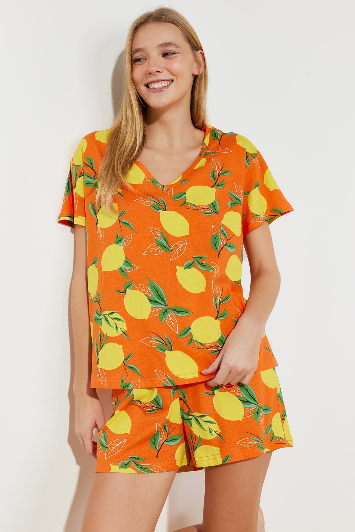 Orange Patterned Knitted Pajamas Set, , large image number 0