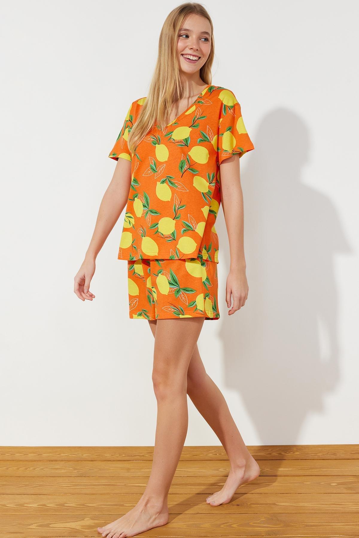 Orange Patterned Knitted Pajamas Set, , large image number 1