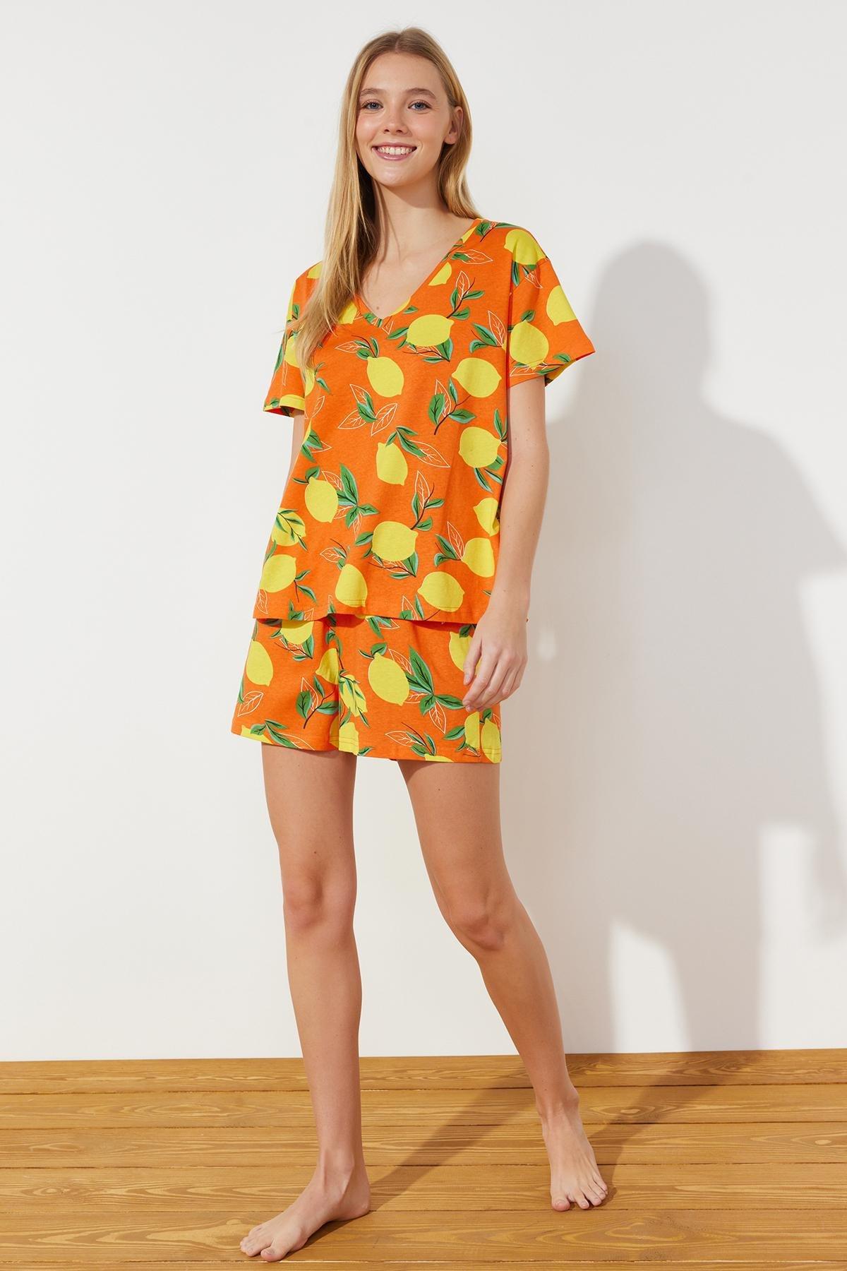Orange Patterned Knitted Pajamas Set, , large image number 2