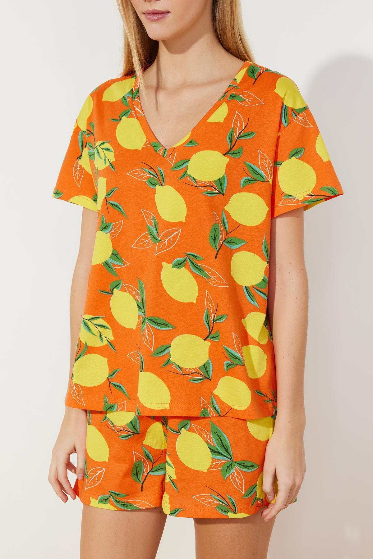 Orange Patterned Knitted Pajamas Set, , large image number 3