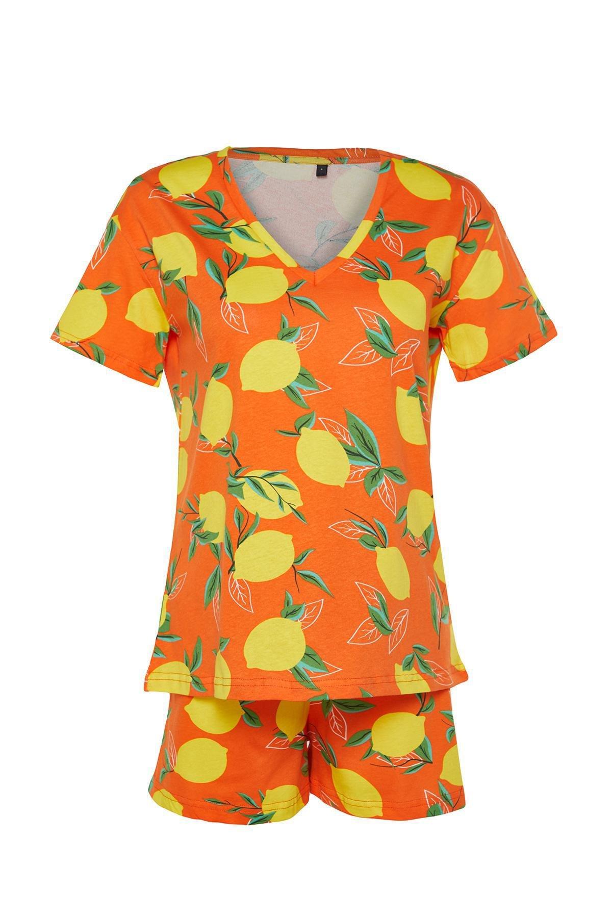 Orange Patterned Knitted Pajamas Set, , large image number 5