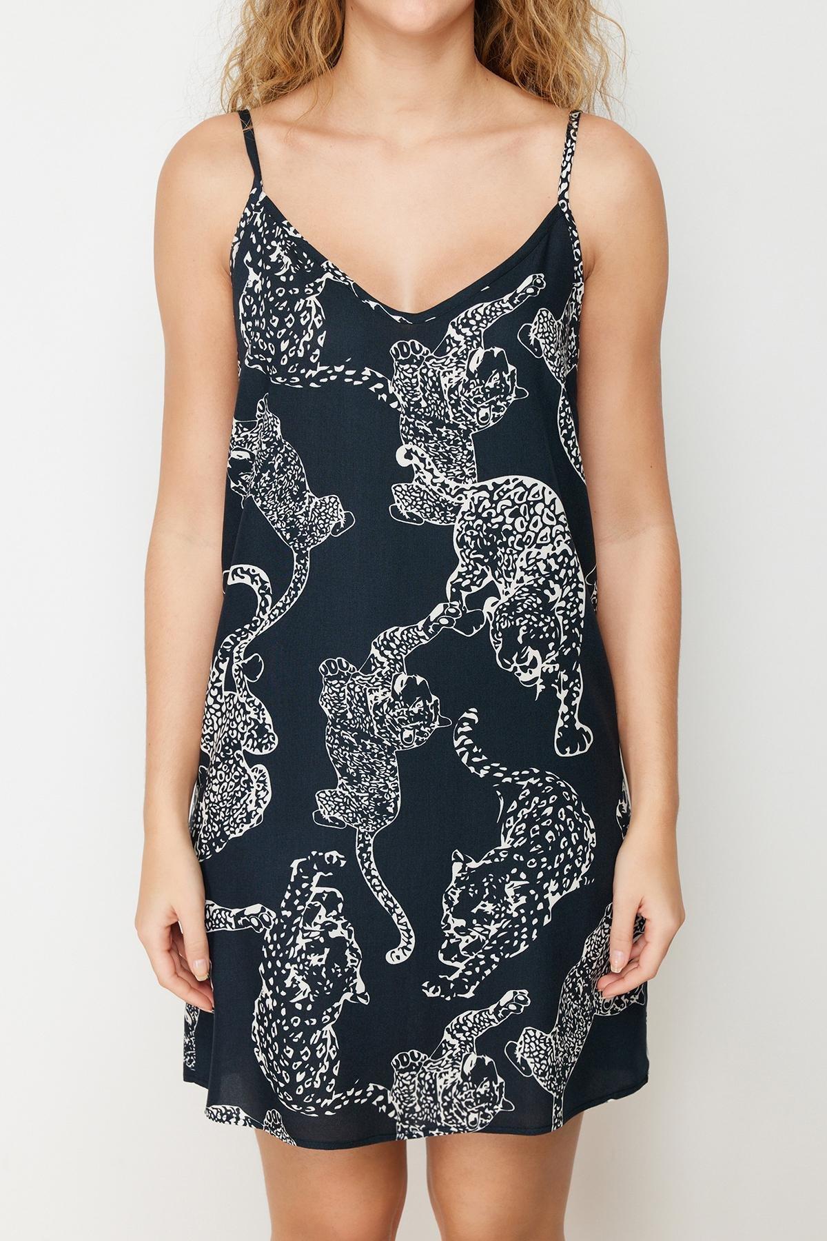 Anthracite Leopard Patterned Viscose Woven Nightgown THMSS24GC00004, Single item, , large image number 3