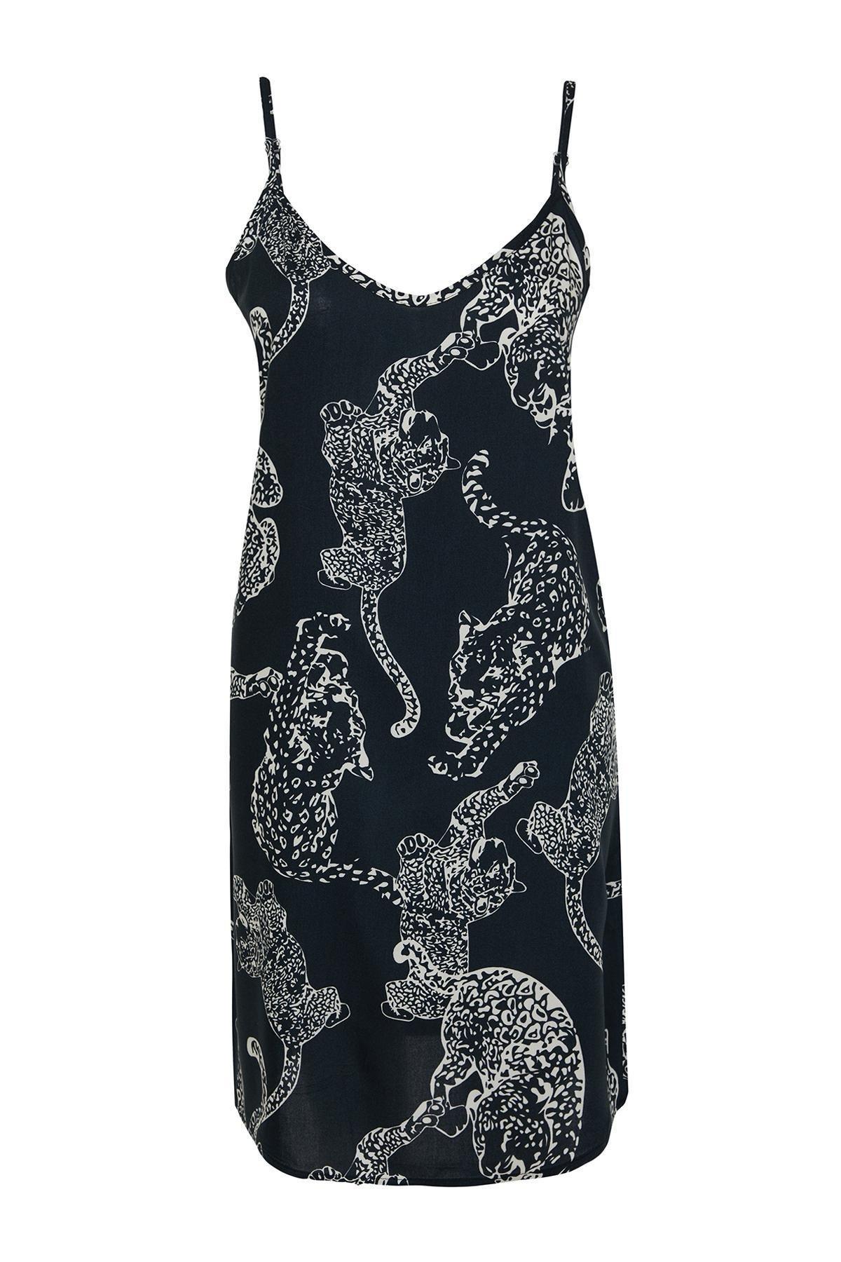 Anthracite Leopard Patterned Viscose Woven Nightgown THMSS24GC00004, Single item, , large image number 5