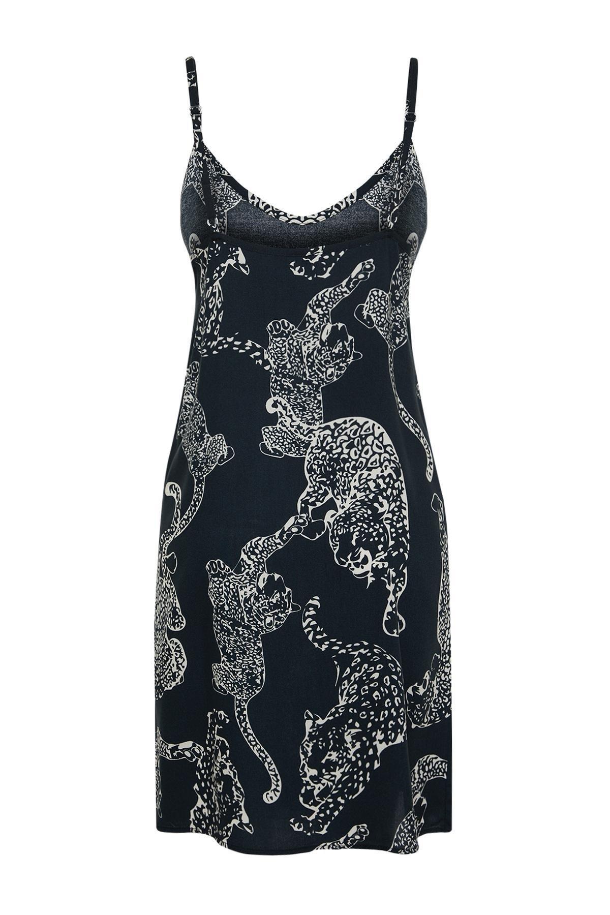 Anthracite Leopard Patterned Viscose Woven Nightgown THMSS24GC00004, Single item, , large image number 6