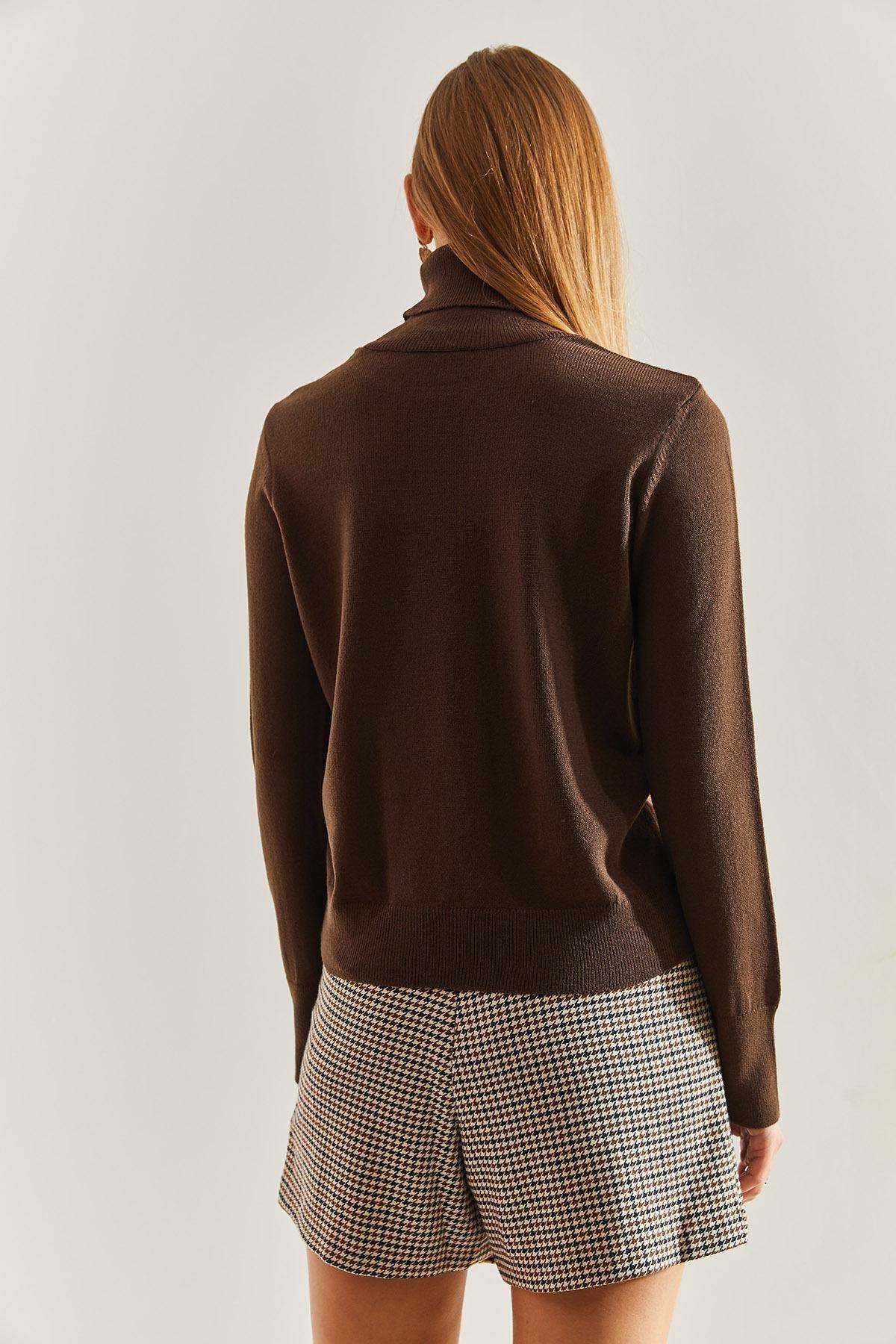 Brown Turtleneck Knitted Sweater, Brown, large image number 4