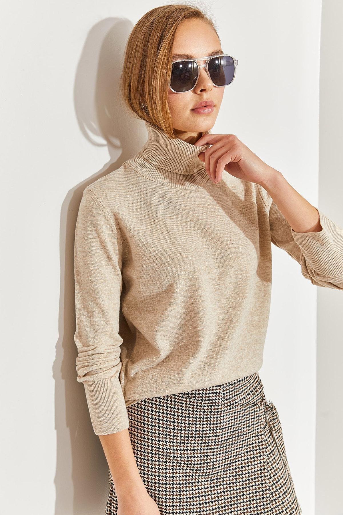 Beige Turtleneck Knitted Sweater, Beige, large image number 0