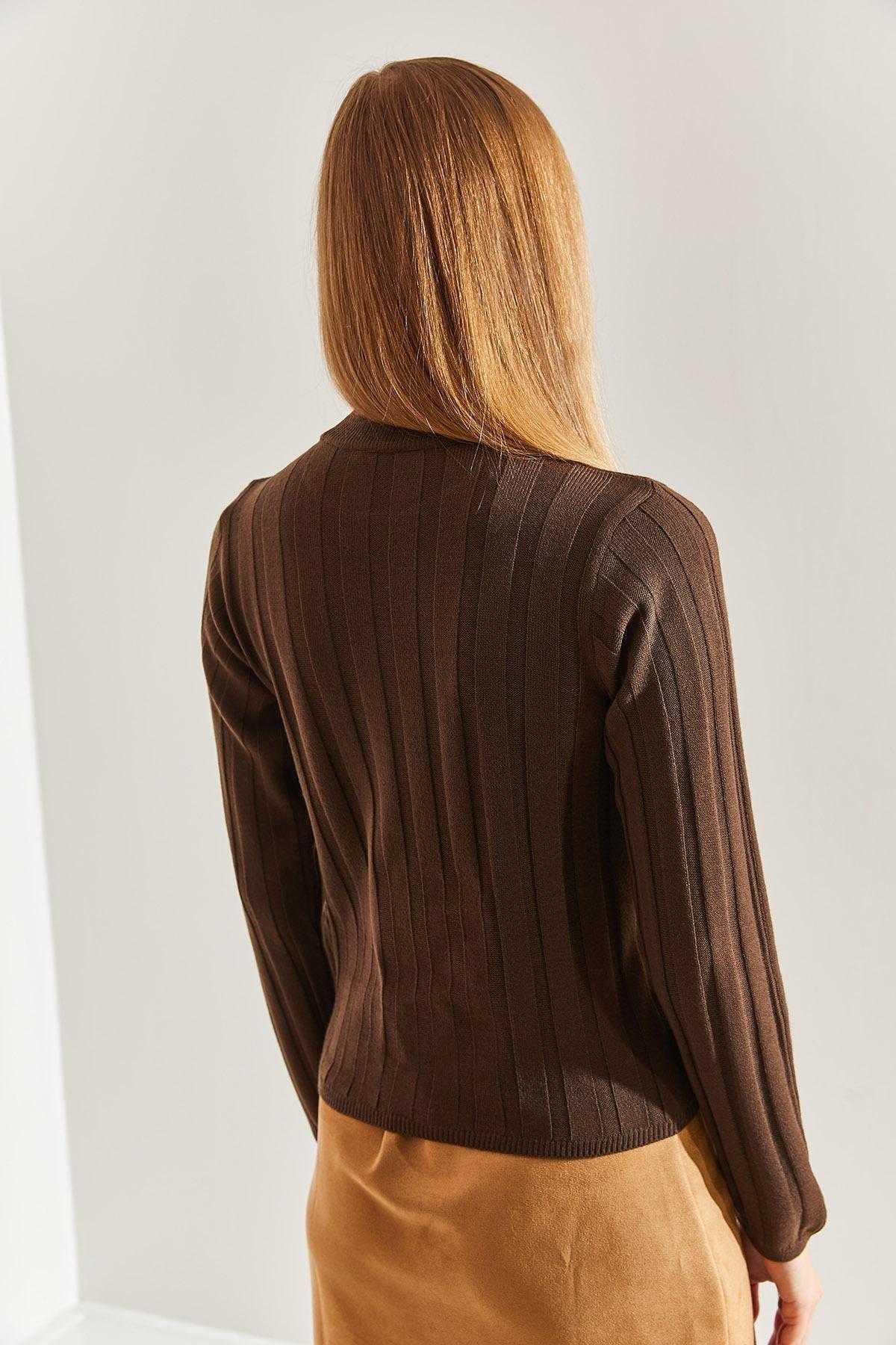 Brown Turtleneck Ribbed Sweater, Brown, large image number 1