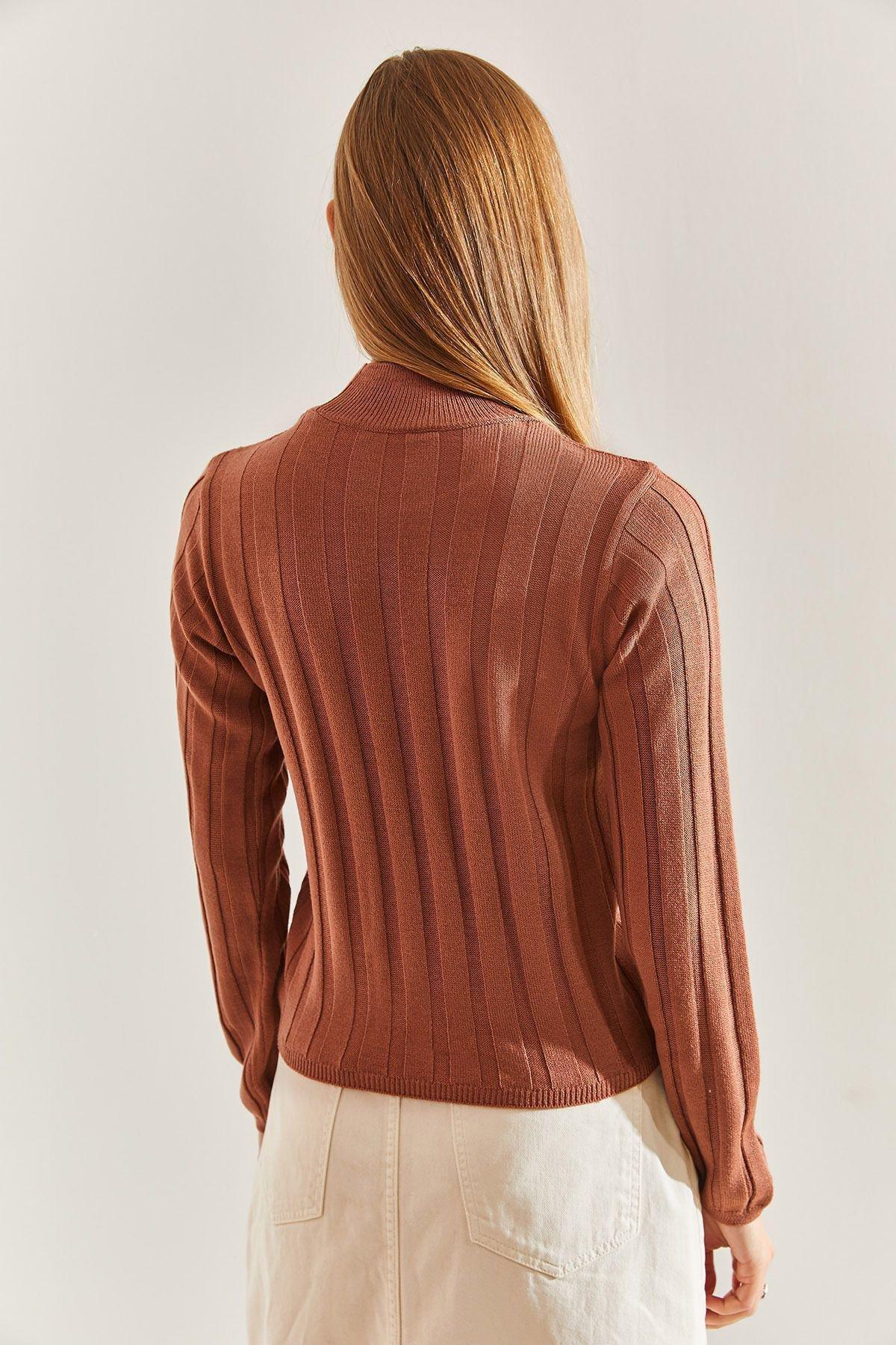 Beige Turtleneck Ribbed Sweater, Dark Camel, large image number 1