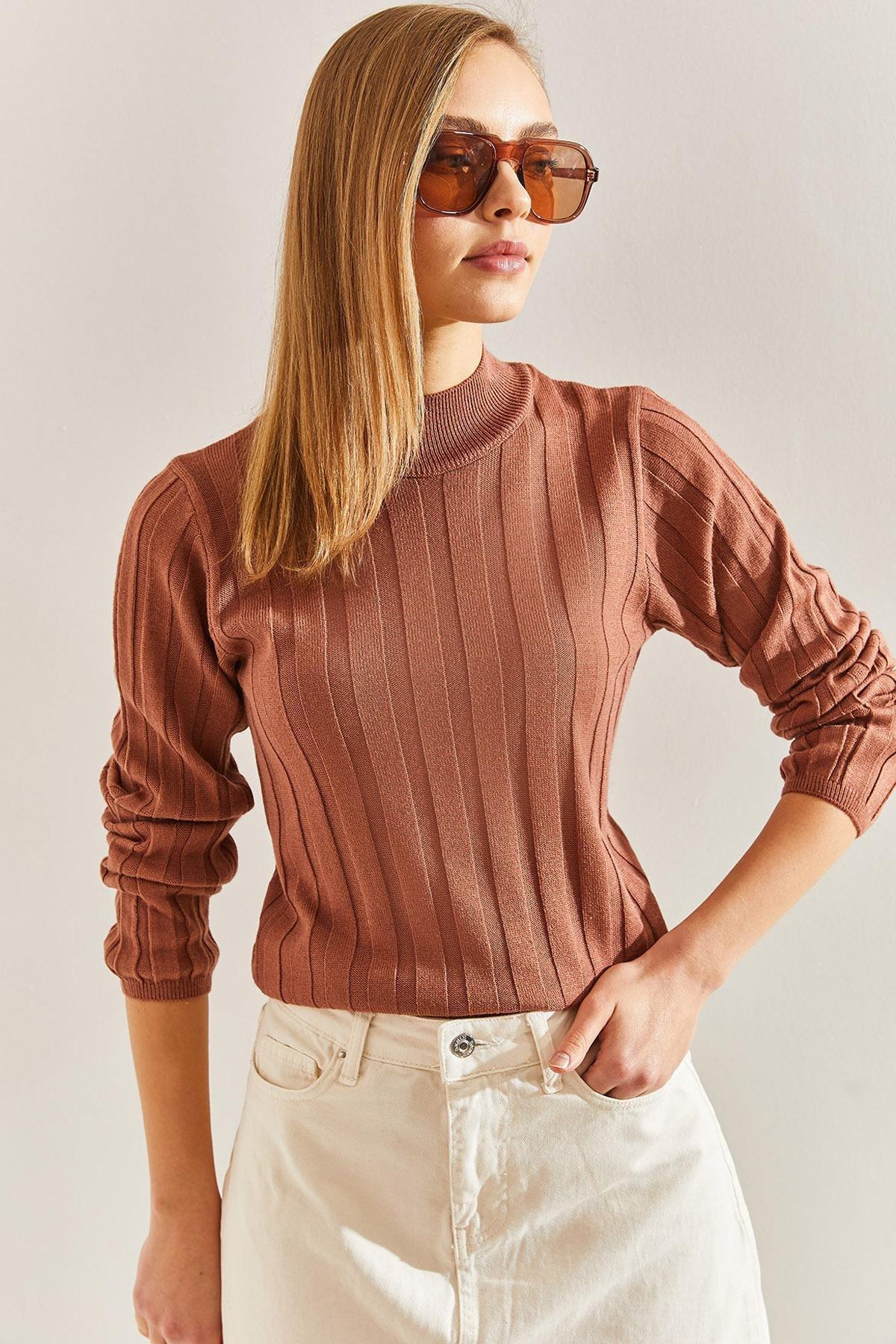 Beige Turtleneck Ribbed Sweater, Dark Camel, large image number 2