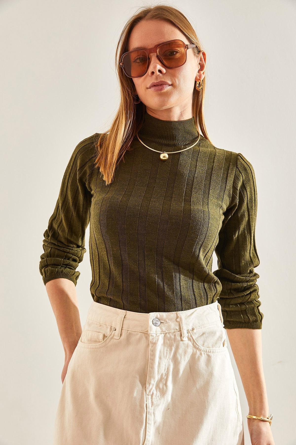 Khaki Turtleneck Ribbed Sweater, , large image number 0