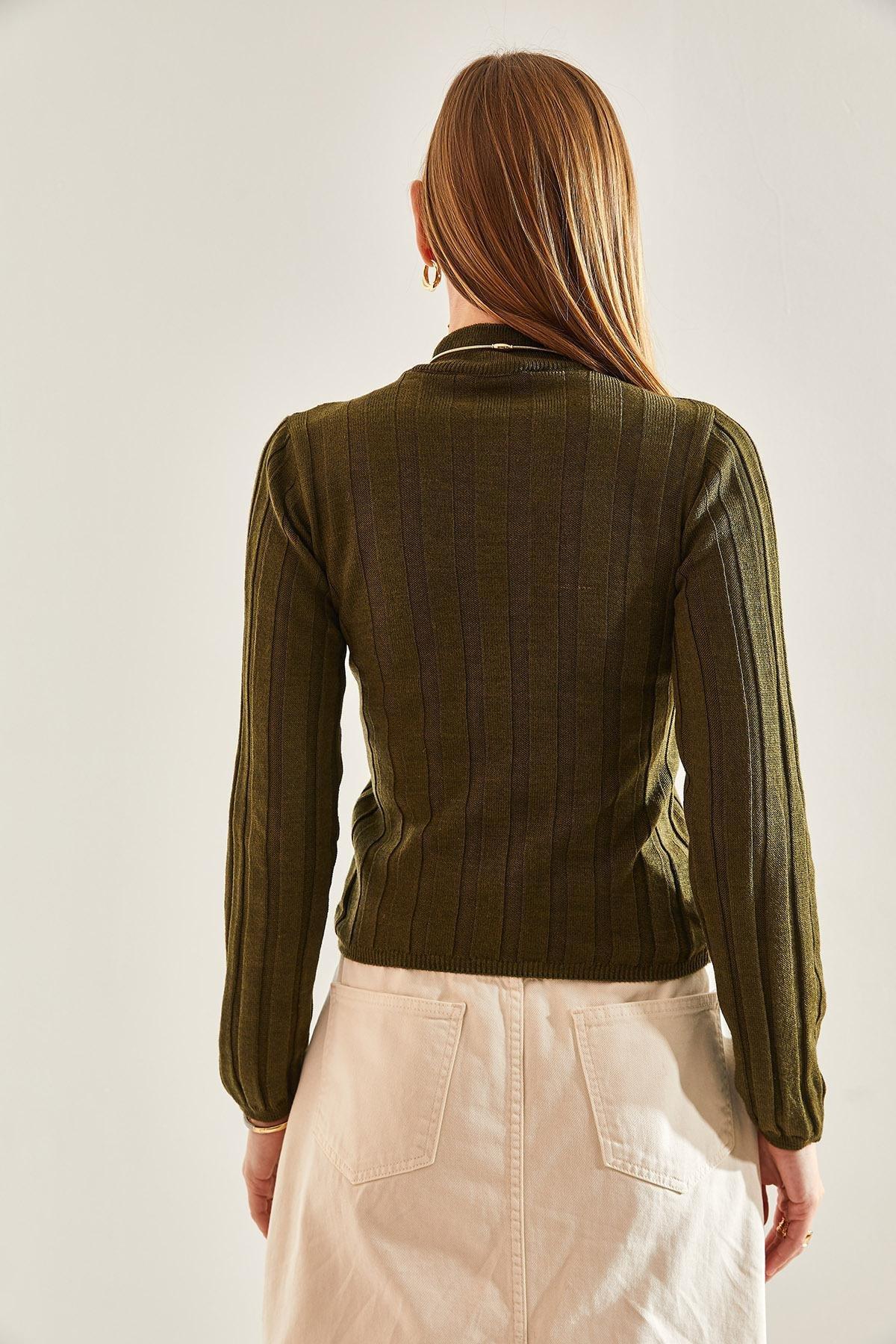 Khaki Turtleneck Ribbed Sweater, , large image number 1