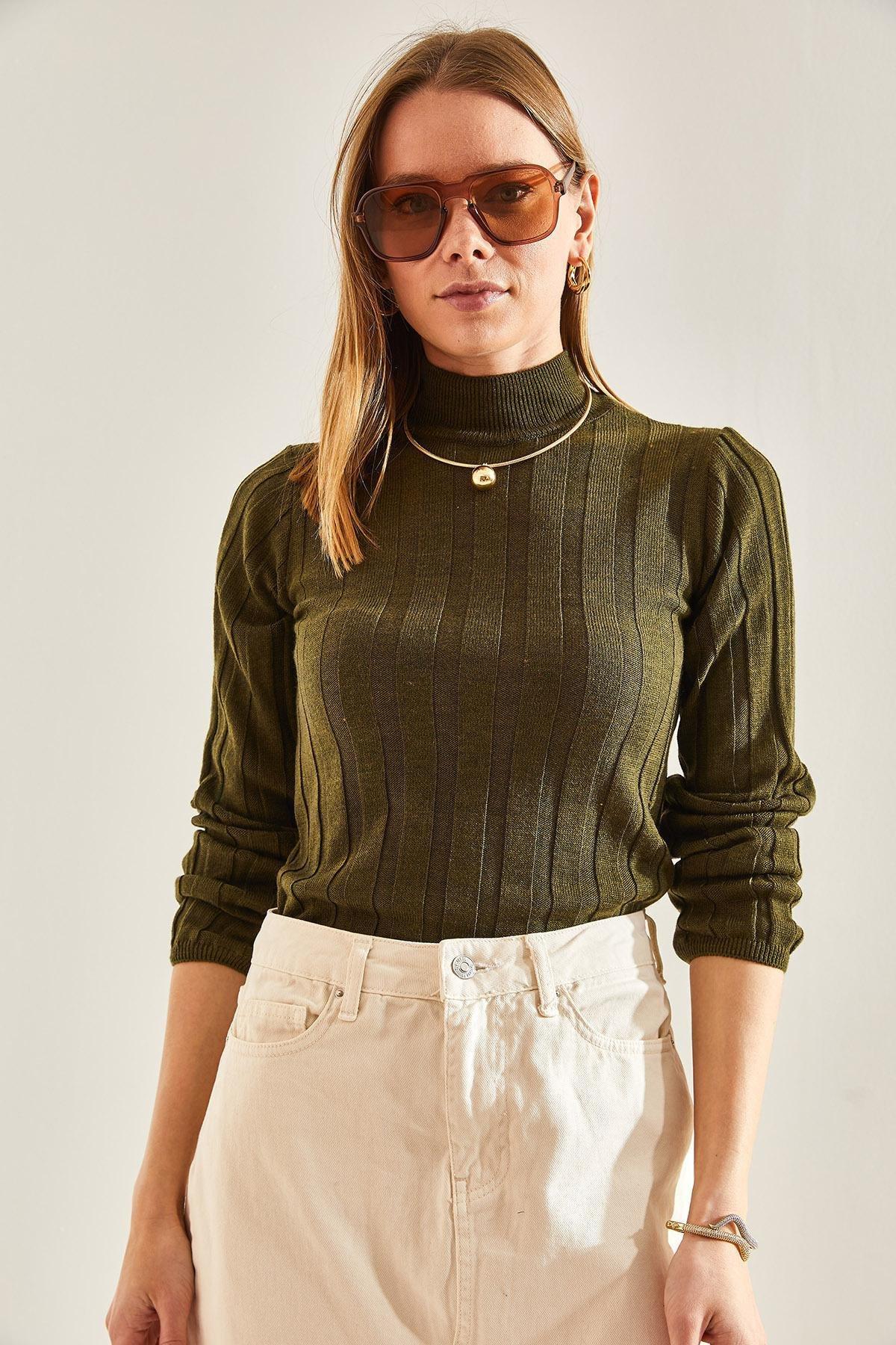 Khaki Turtleneck Ribbed Sweater, , large image number 2
