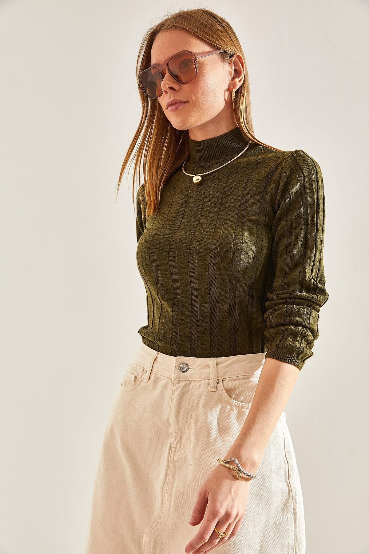 Khaki Turtleneck Ribbed Sweater, , large image number 3