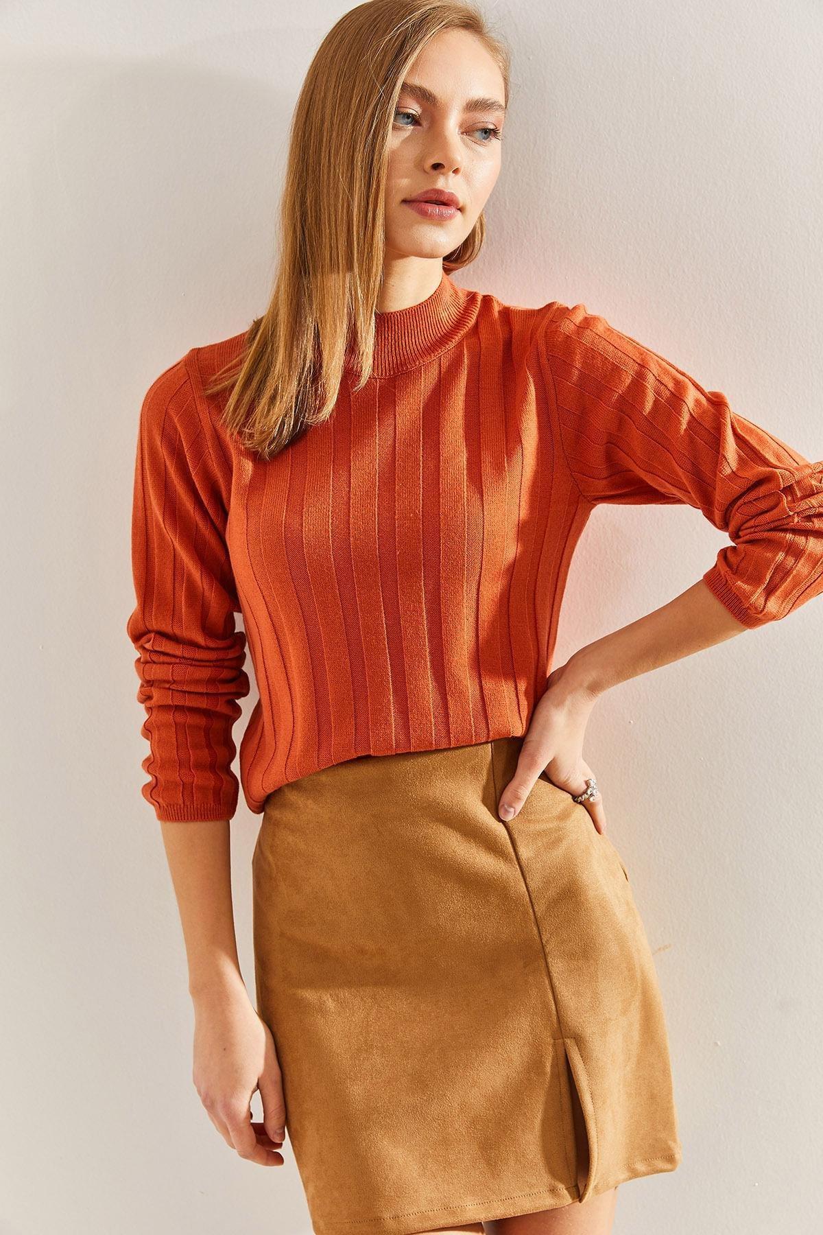 Orange Turtleneck Ribbed Sweater, Orange, large image number 2
