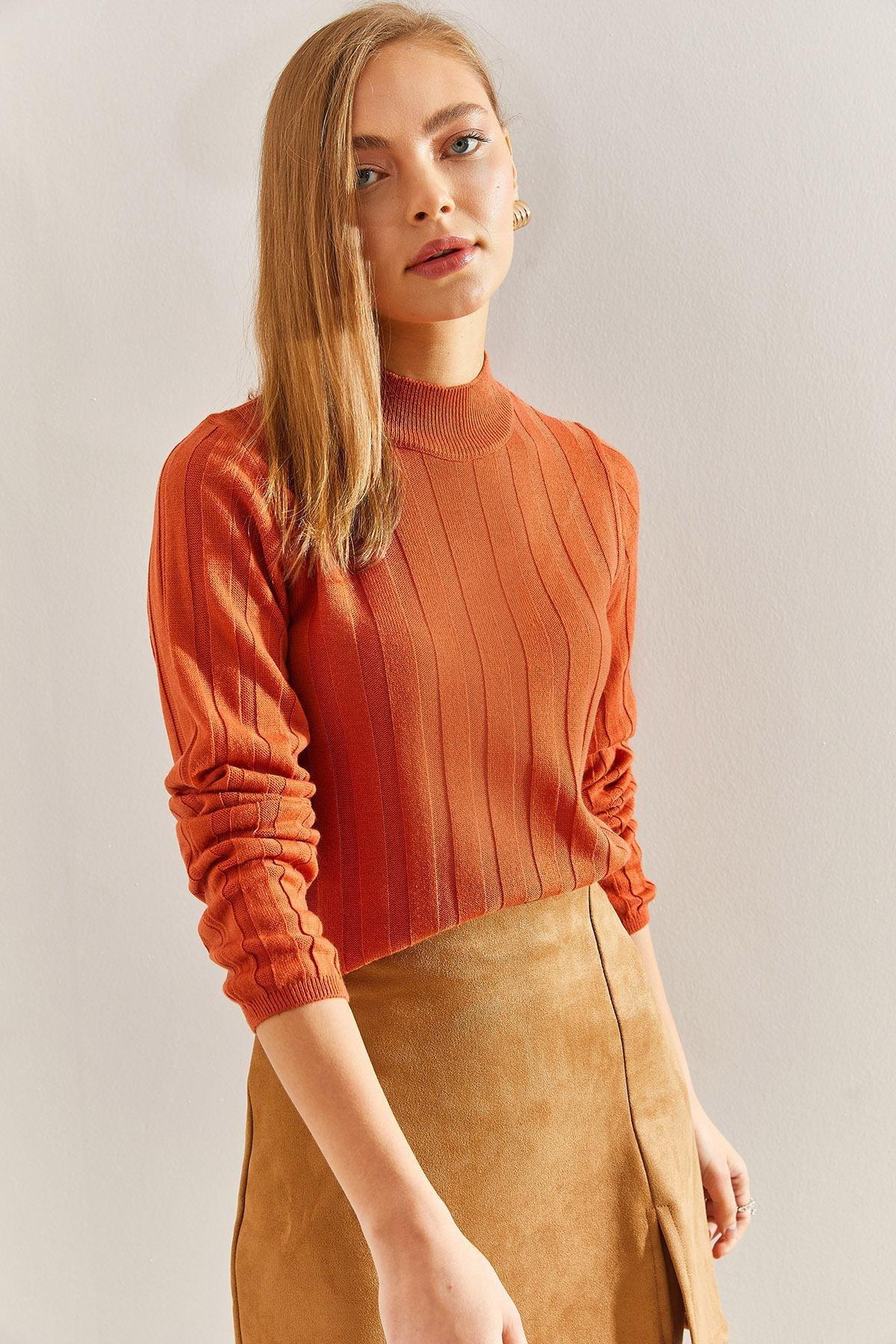 Orange Turtleneck Ribbed Sweater, Orange, large image number 4