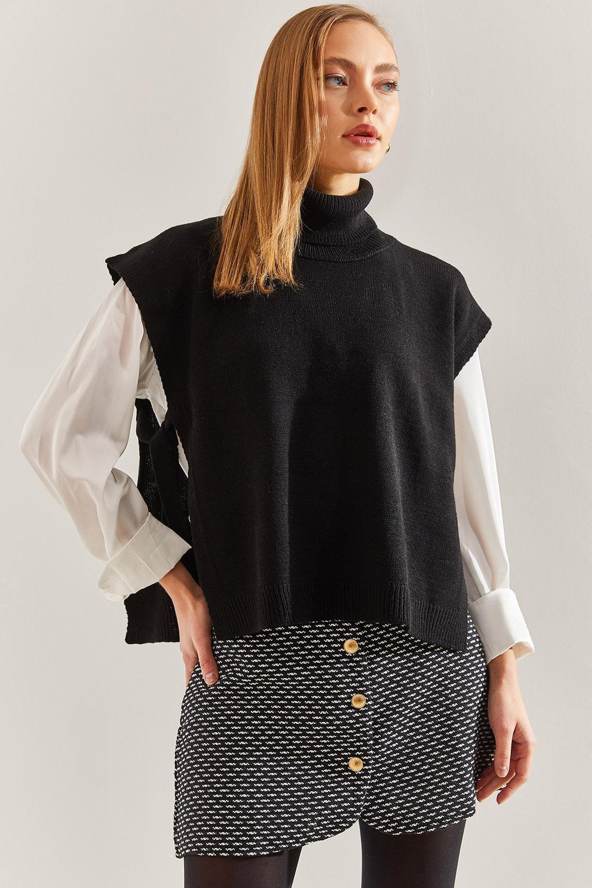 Black Turtleneck Belt Tie Sweater, BLACK, large image number 0