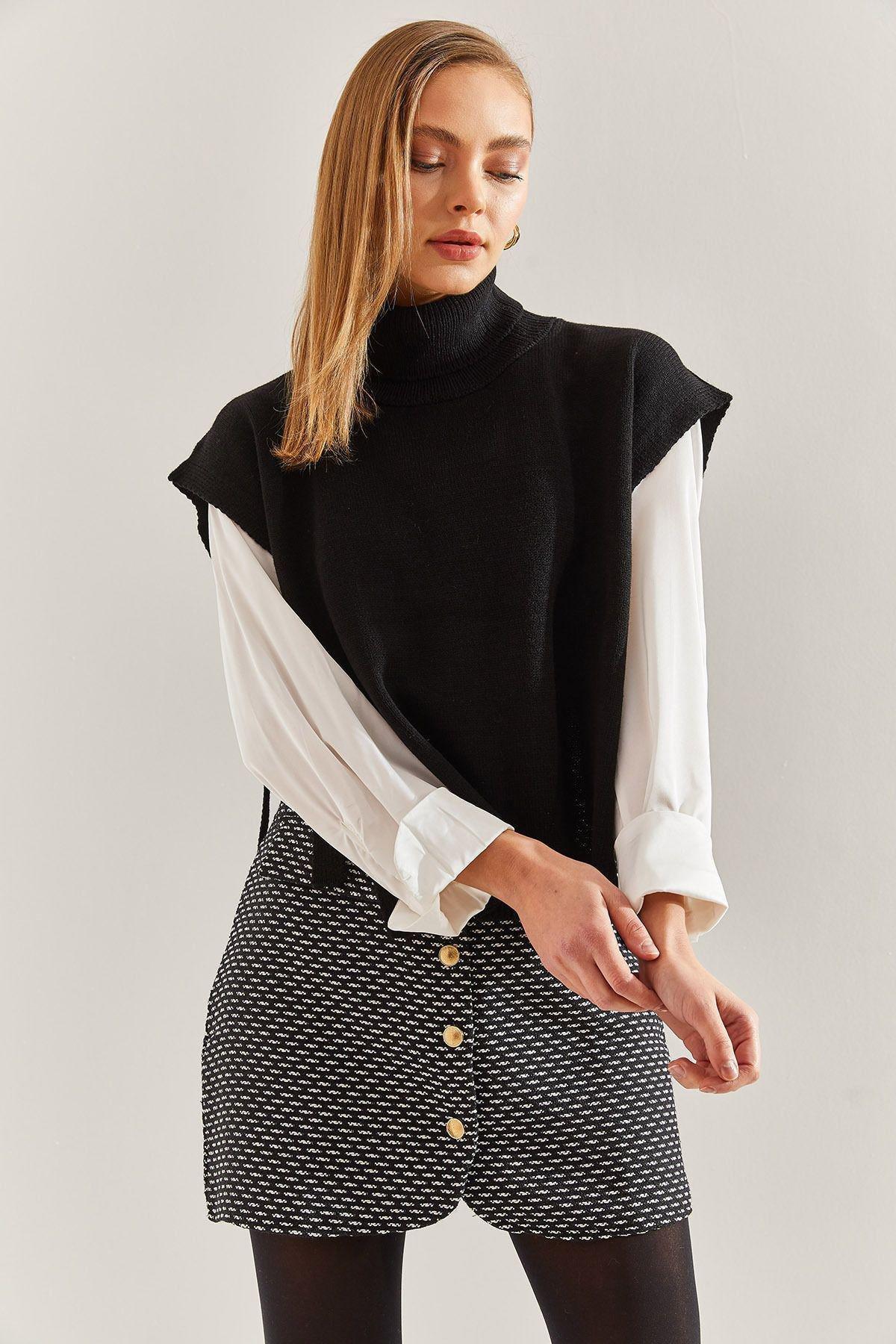 Black Turtleneck Belt Tie Sweater, BLACK, large image number 1