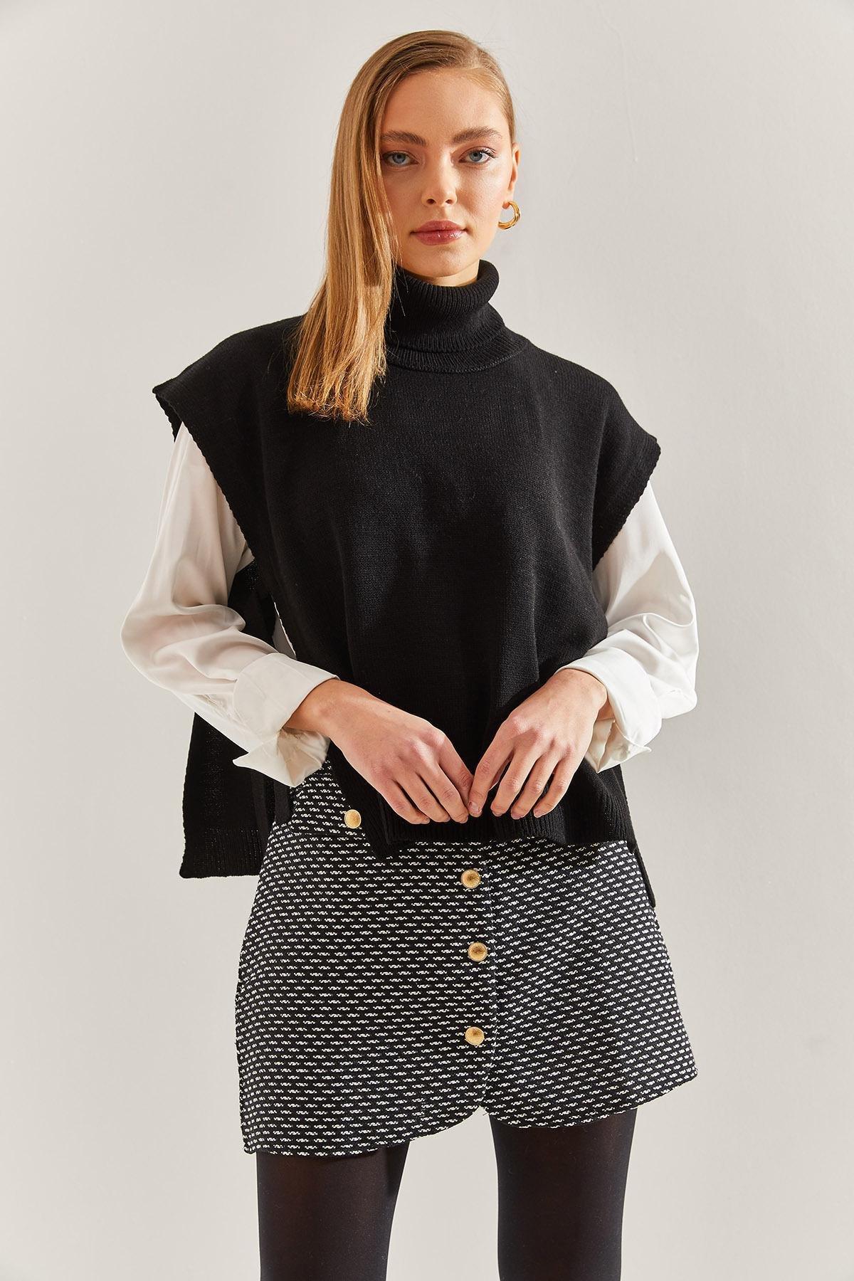 Black Turtleneck Belt Tie Sweater, BLACK, large image number 2