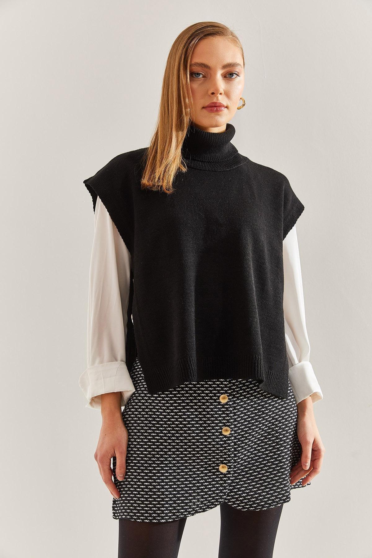 Black Turtleneck Belt Tie Sweater, BLACK, large image number 5