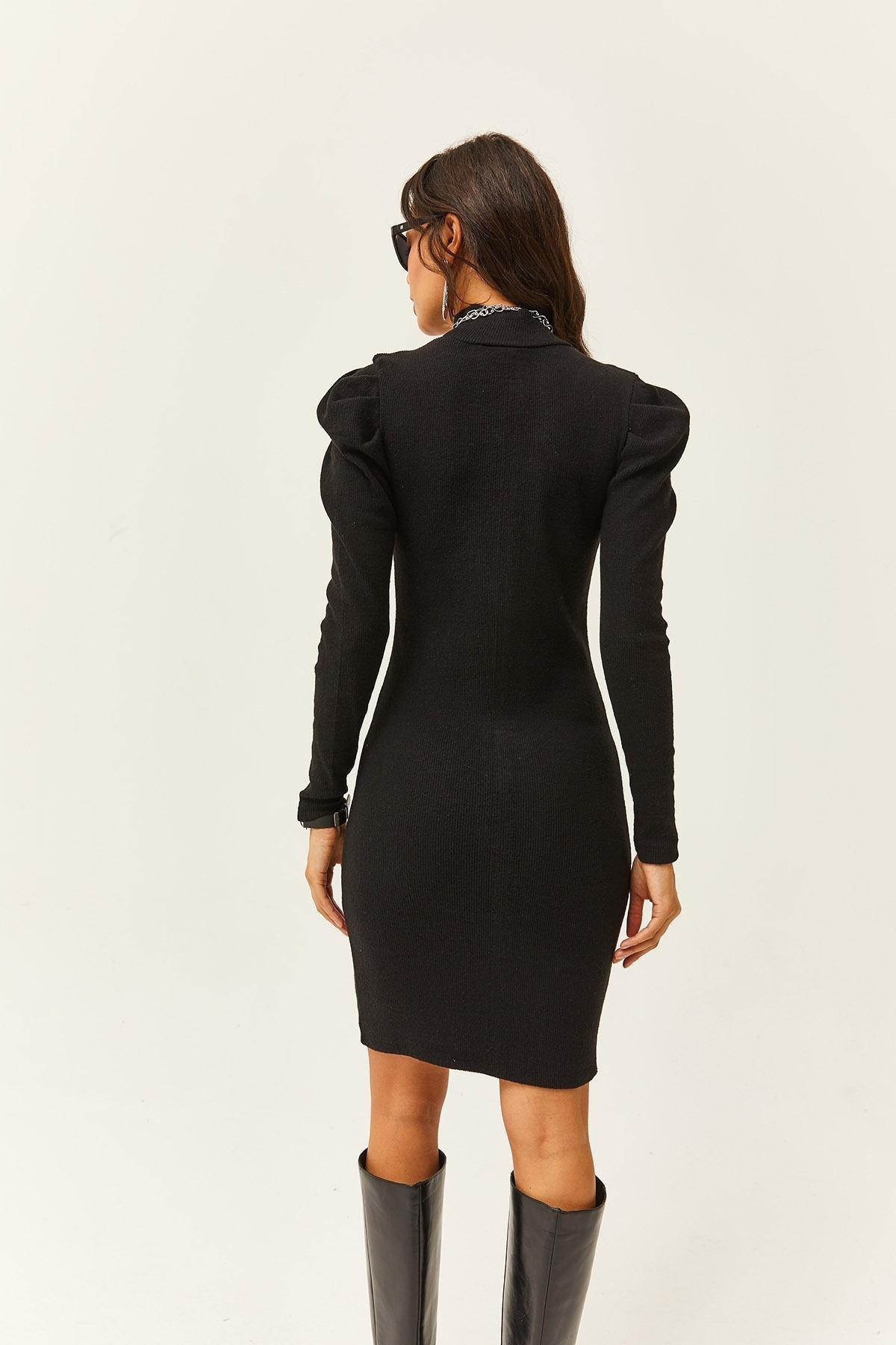 Black Half Turtleneck Raised Mini Dress, BLACK, large image number 4