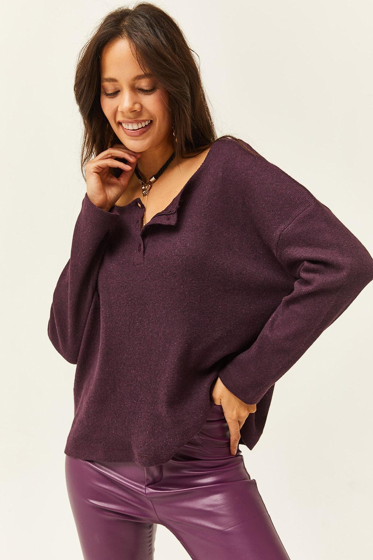 Womens Damson Button Raised Loose Sweater KZK-19000721, single, DAMSON, large image number 0